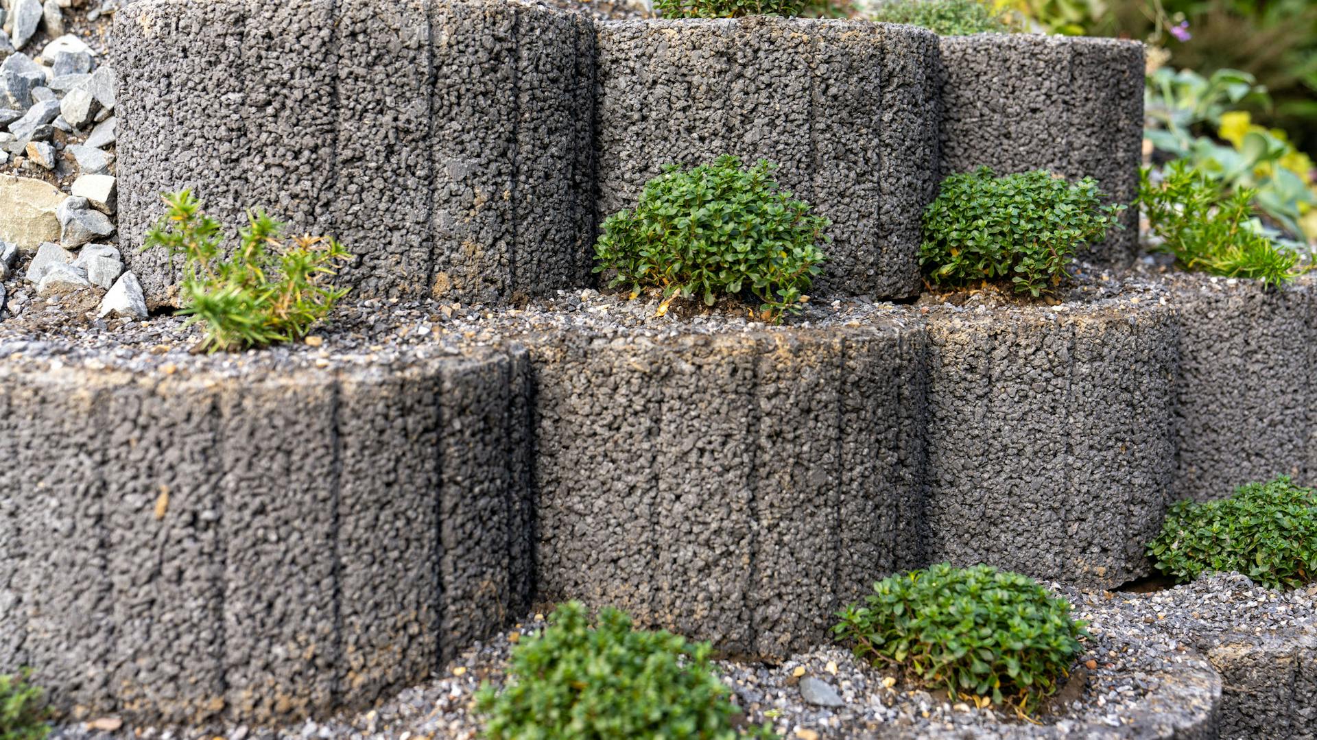 Hangbefestigung aus grauen Pflanzsteinen mit Bepflanzung.