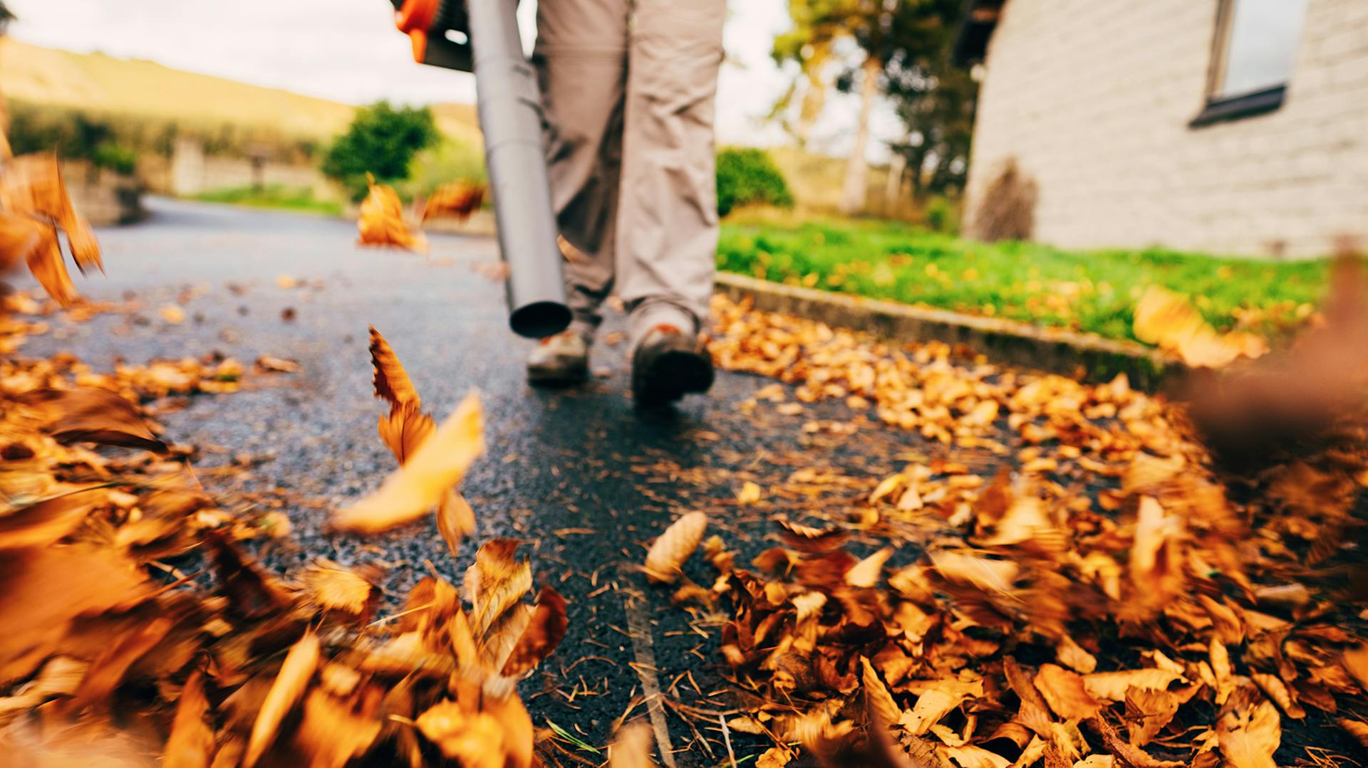Jemand bläst Laub mit einem Laubbläser zusammen.