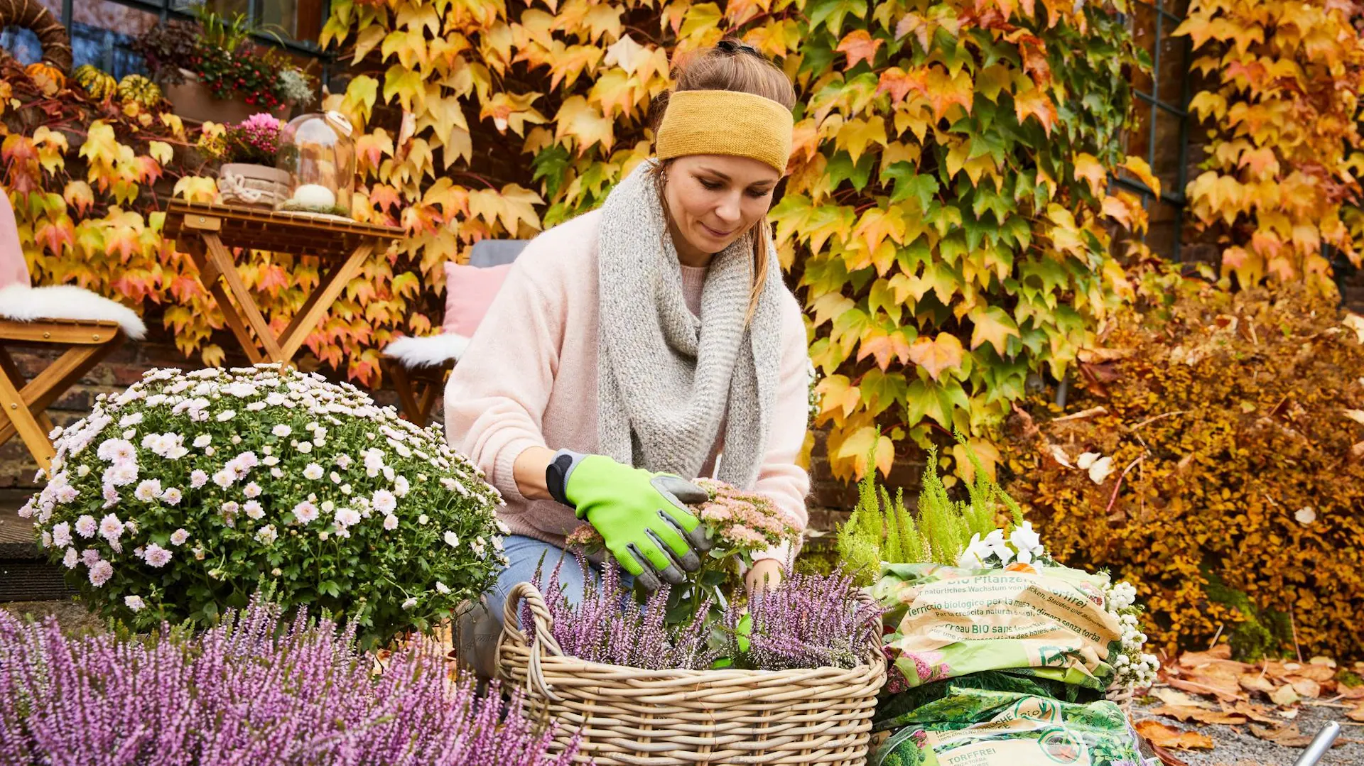 Une femme plante de la bruyère dans un panier