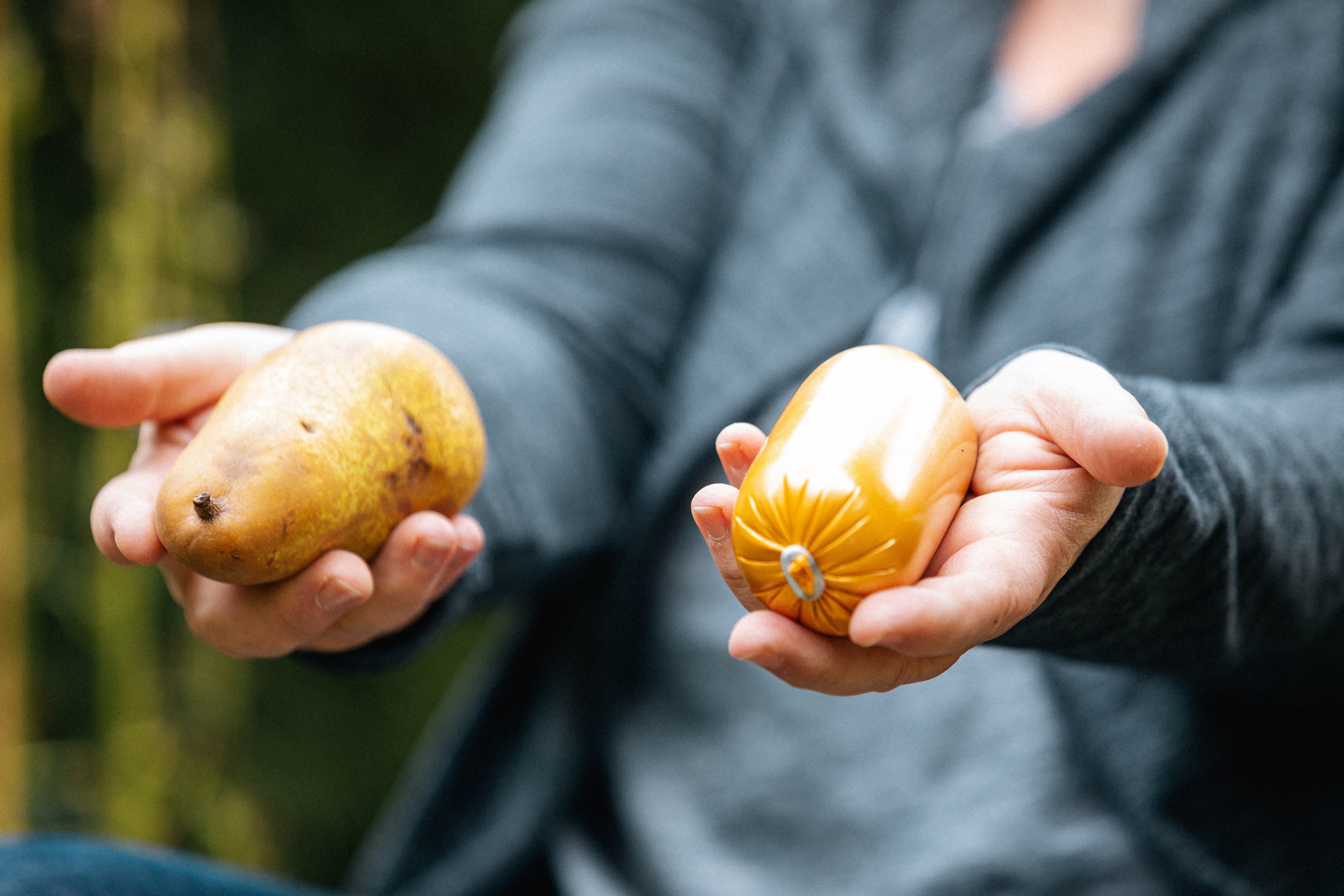 Eine Frau hält eine Birne und eine Wurst nebeneinander, um die Körperform des Igels zu verbildlichen.