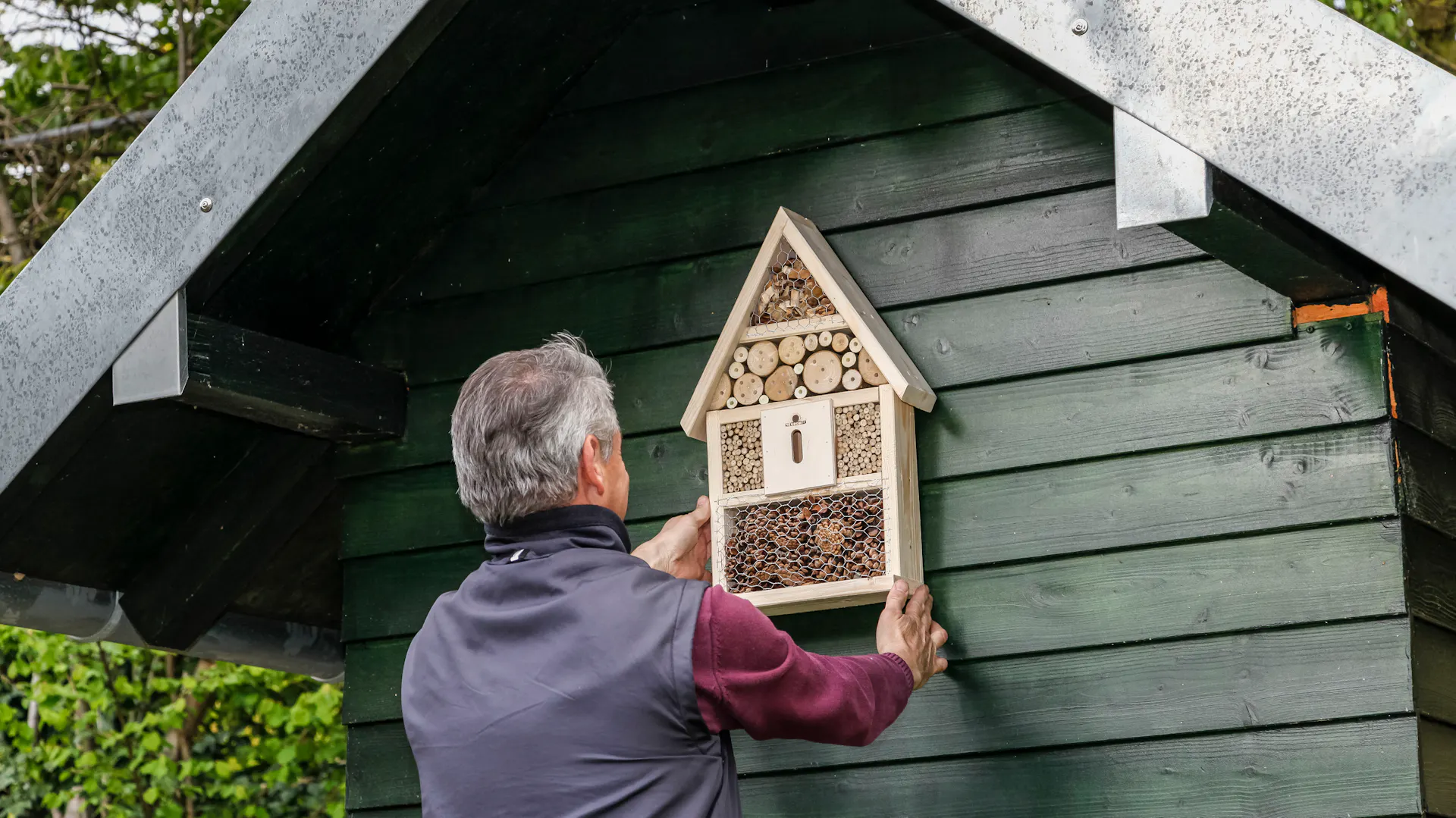Ein Mann montiert ein kleines Insektenhotel am Gartenhaus.