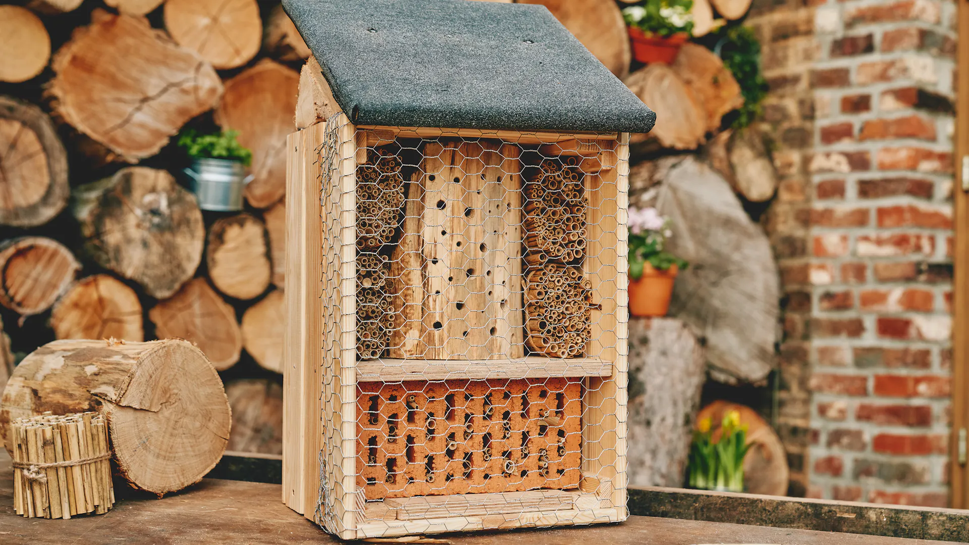 Fertiges Insektenhotel vor aufgeschichteten Baumstämmen in naturnahem Garten
