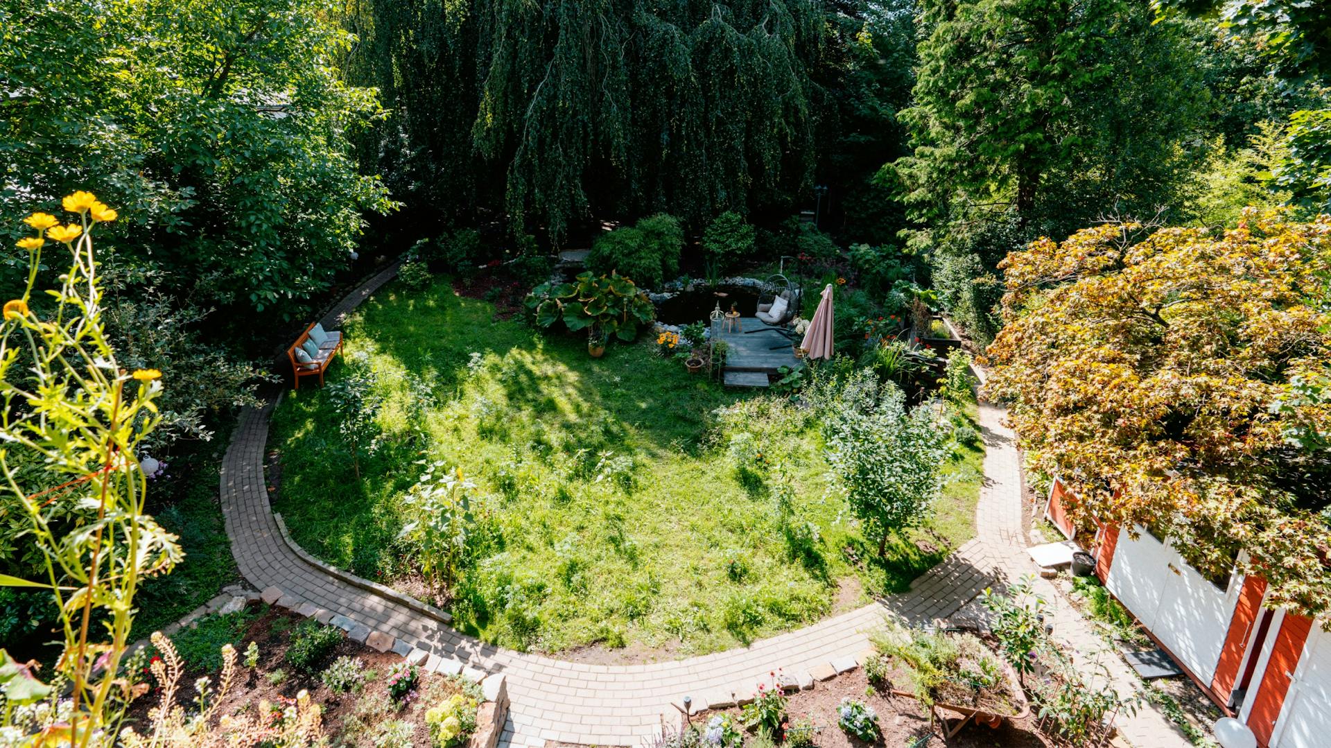 Garten mit Wildwiese und Teich von oben
