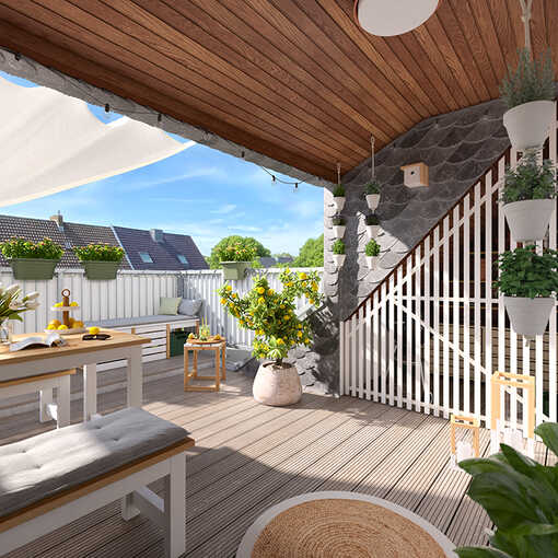 Auf einem großen Balkon stehen Garten Richard und die Balkonbank Lasse, umgeben von Kräutern und Pflanzen.