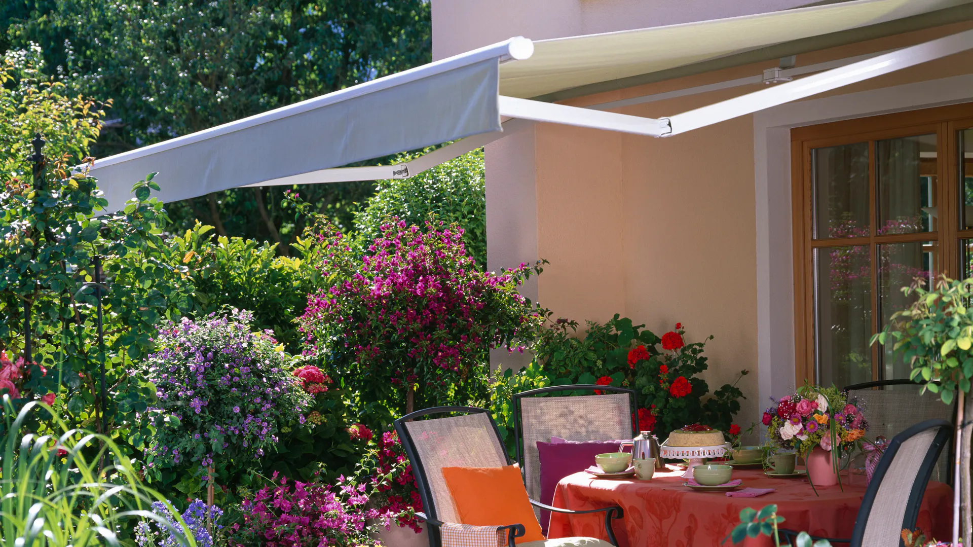 Una tenda da sole chiara su una terrazza ricoperta di vegetazione.