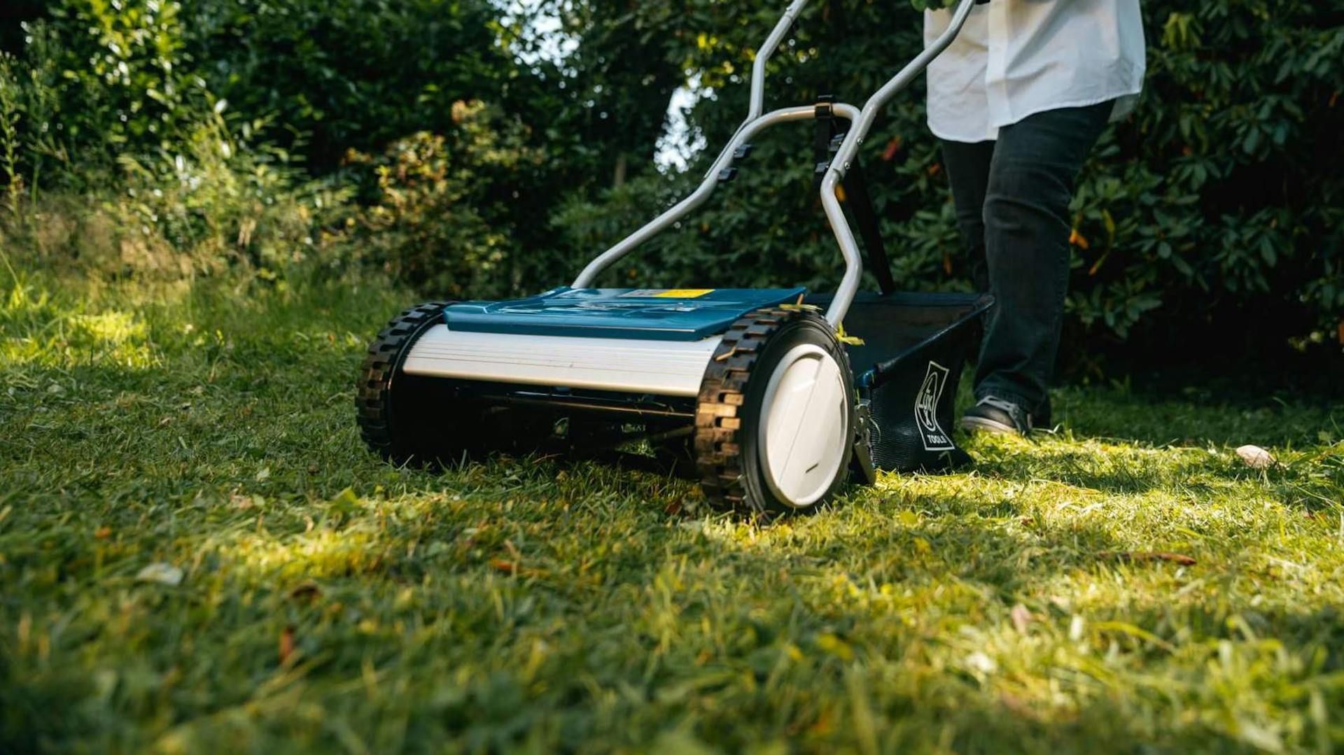 Un uomo taglia il prato con il tosaerba manuale