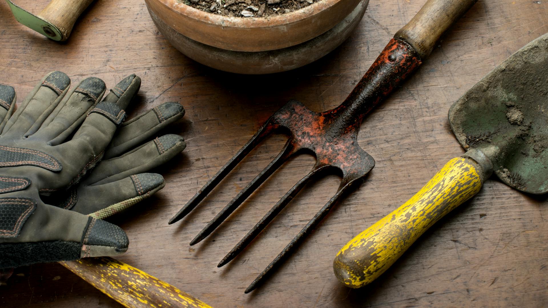 Tavolo per piante con utensili e guanti per più un giardino più ordinato