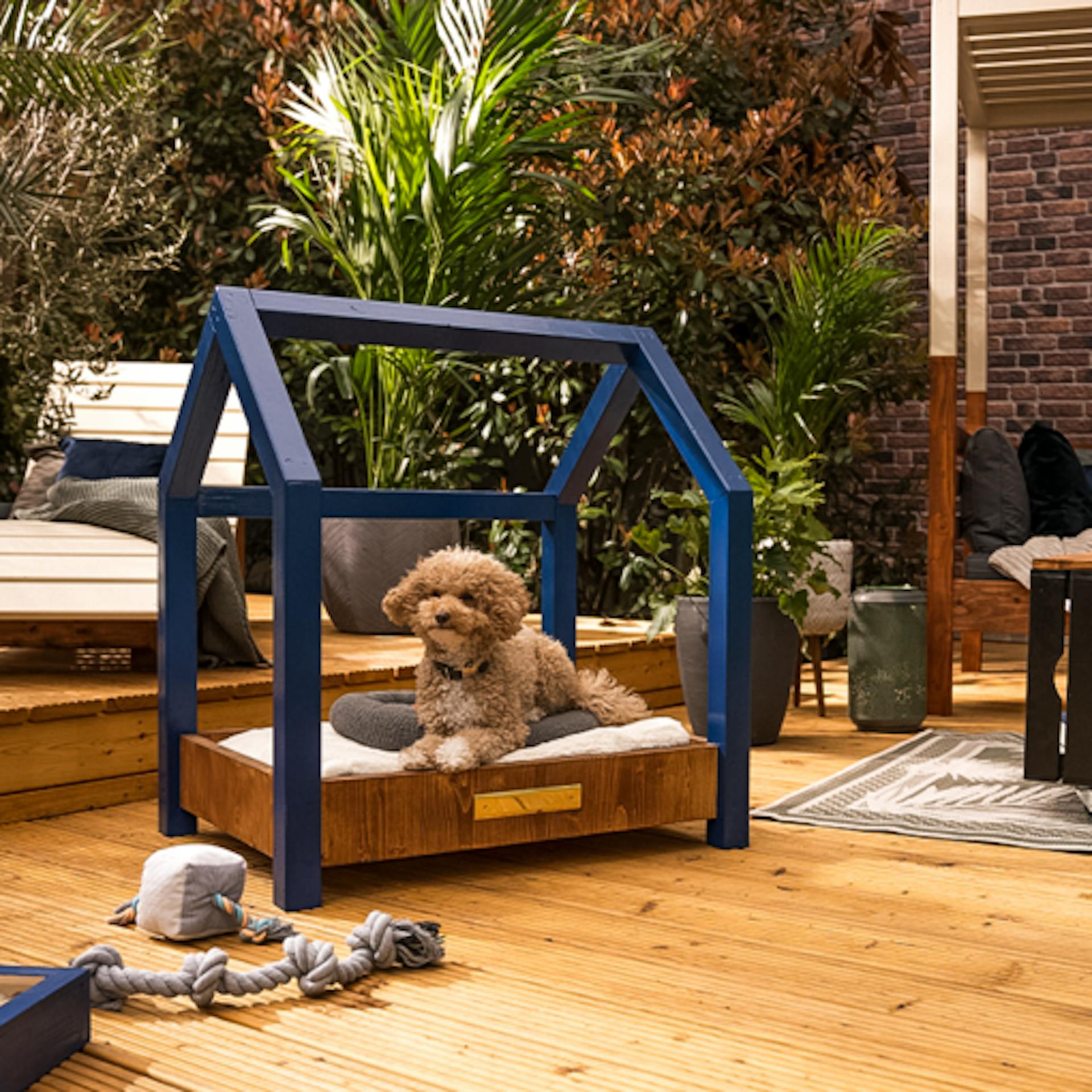 Hundebett Moritz steht auf einer großen Terrasse, wo Wellenliege Lena und Sonneninsel Helena im Hintergrund.