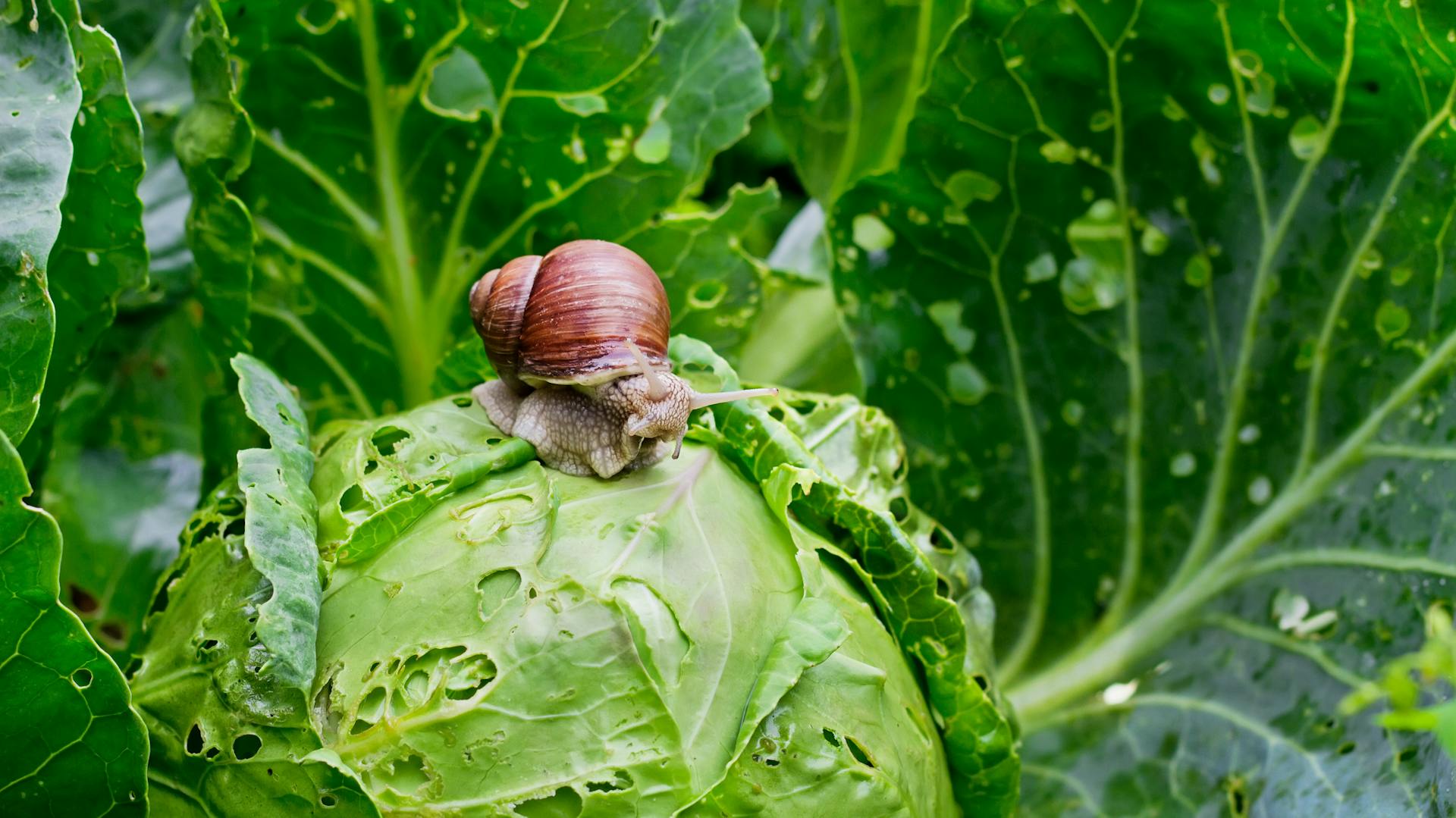 Eine Schnecke auf einem angefressenen Salatkopf.