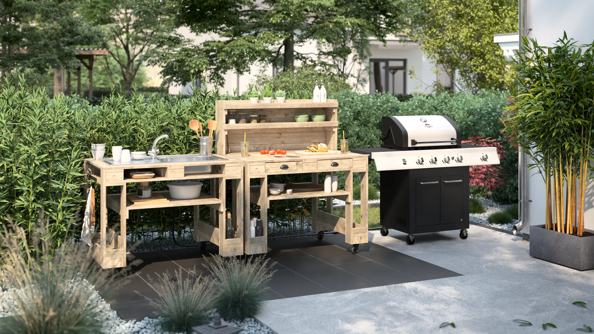 Kerti konyha az erkélyen mosogatóval, munkafelülettel és tárolóhellyel