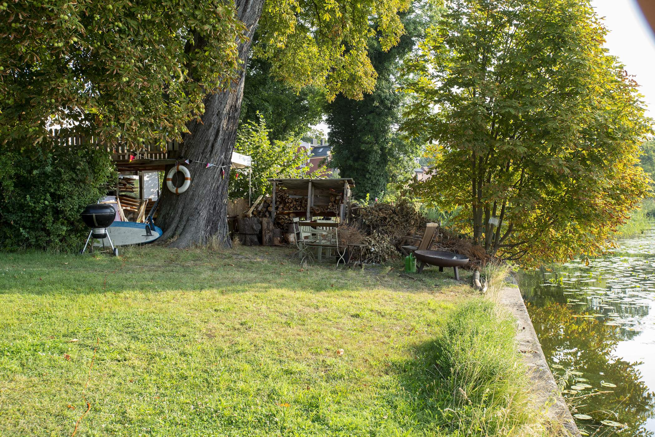 Stromy na záhrade vedľa jazierka.