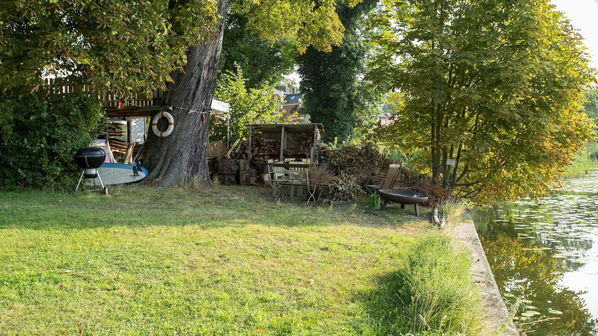 Stromy na záhrade vedľa jazierka.