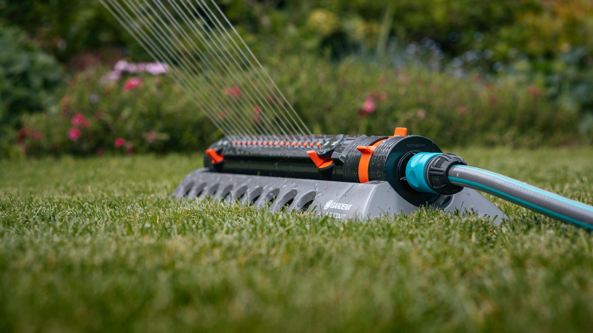 Irrigatore e tubo sul prato