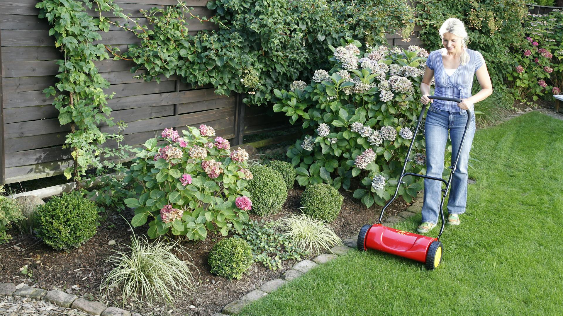 Eine Frau mäht mit einem Spindelmäher den Rasen.