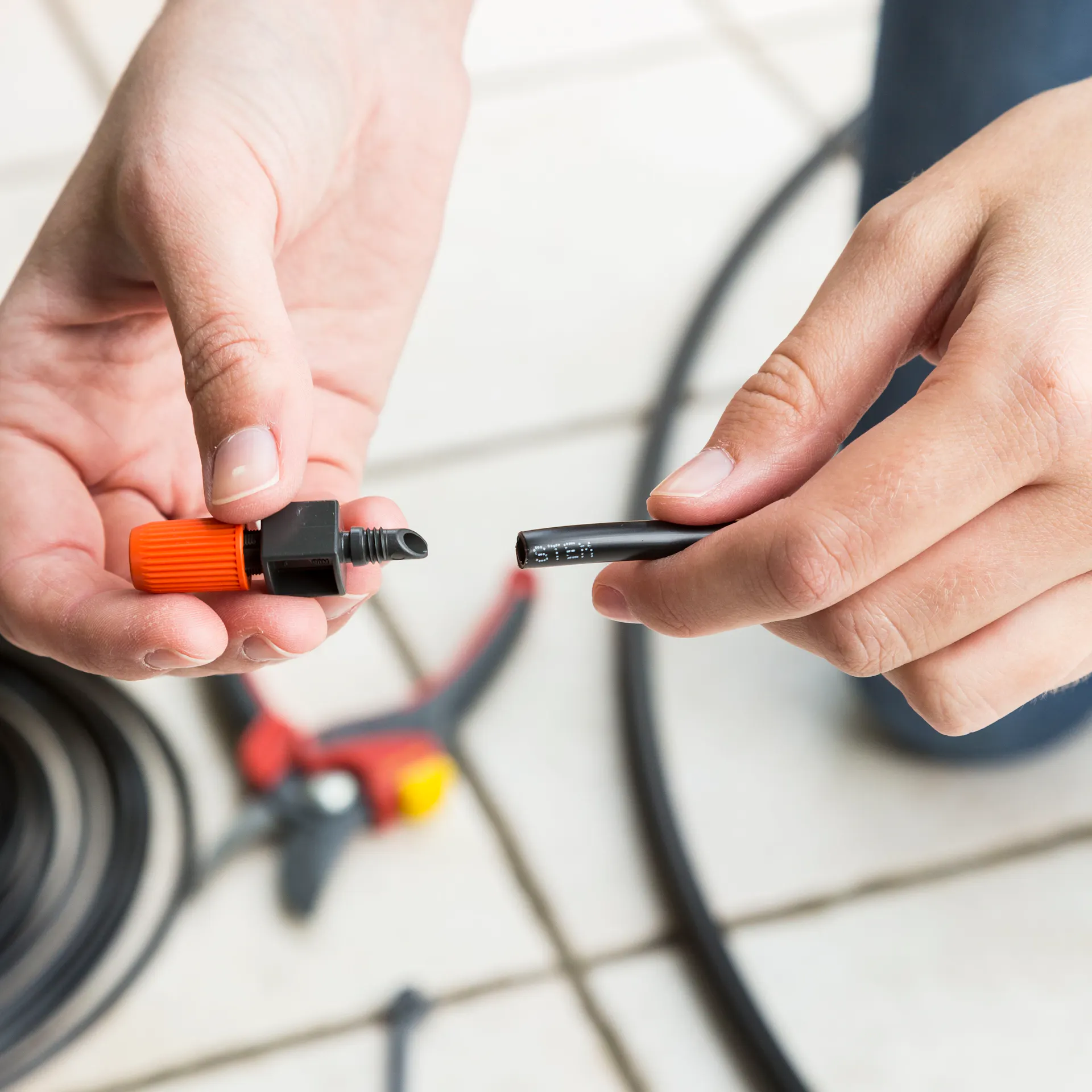Una persona installa il gocciolatore dell’irrigazione a goccia.