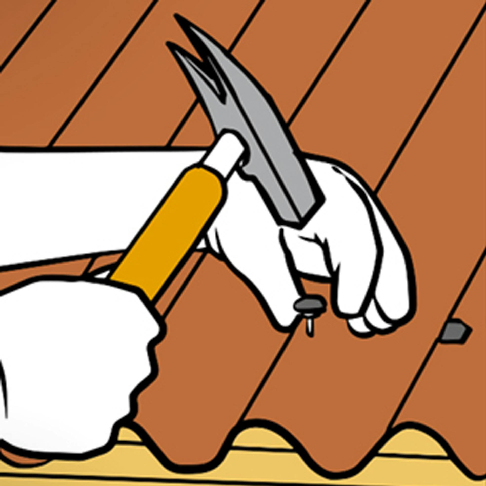 Heimwerker befestigt Bitumen-Wellplatten mit Hammer und Nägeln.