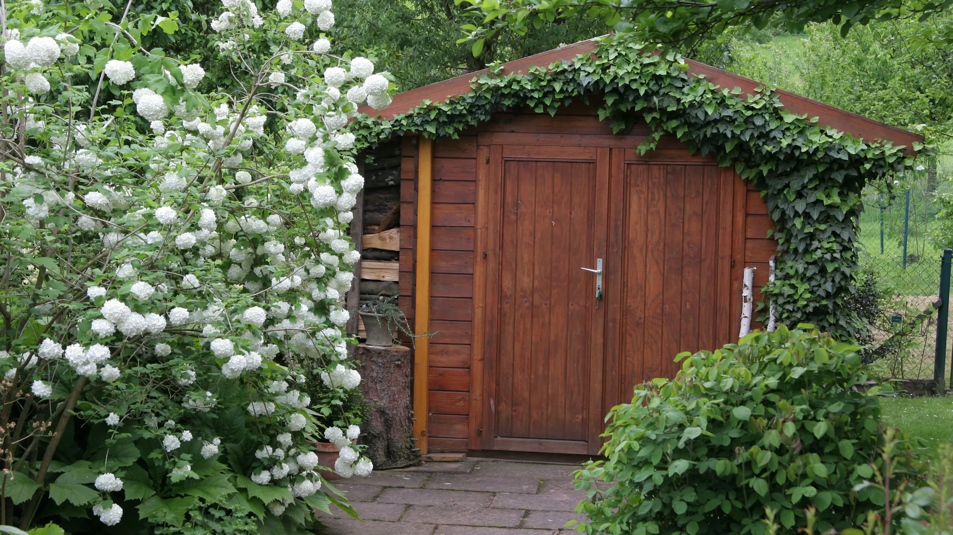 Braunes Gartenhaus, zum Teil mit Efeuranken überwachsen