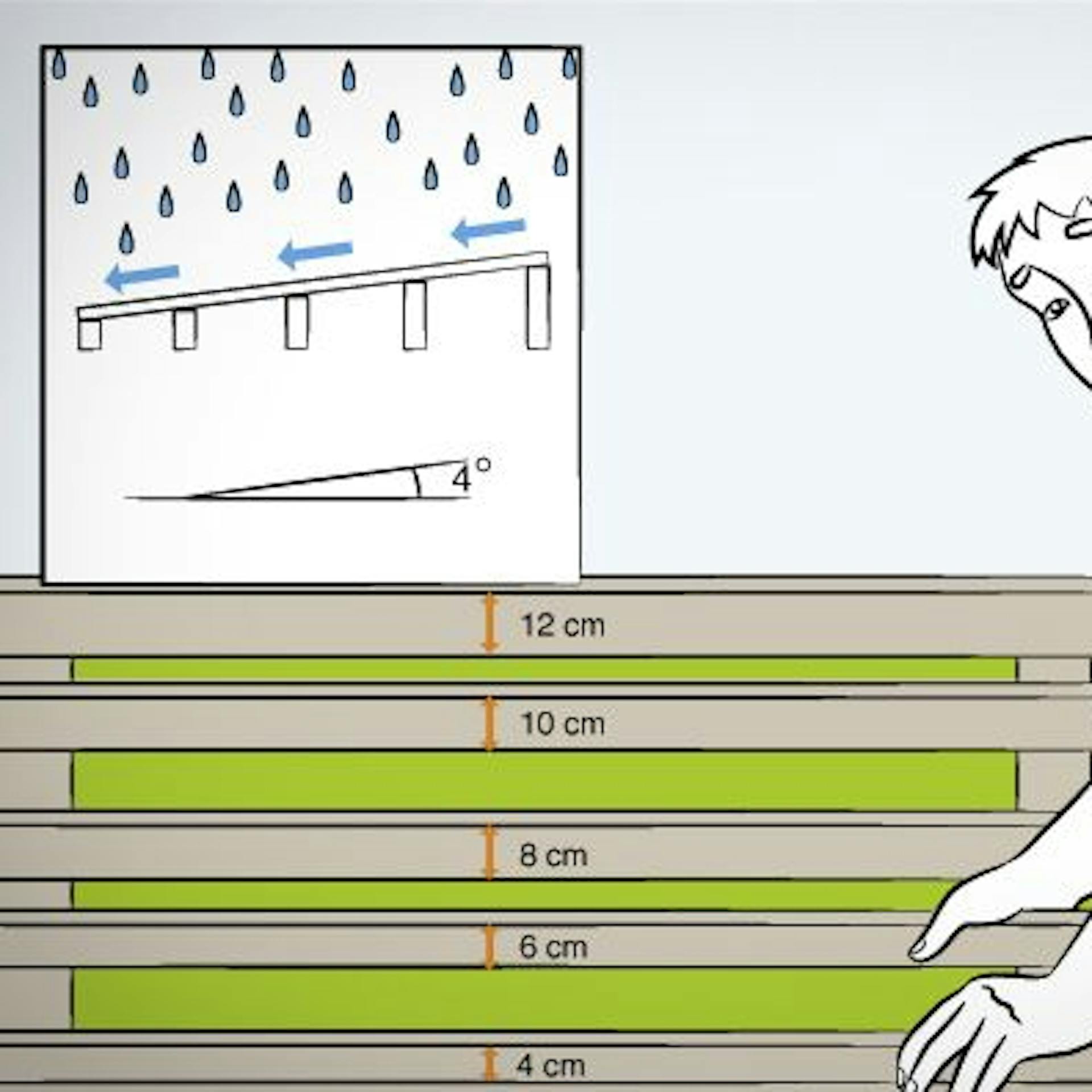 Heimwerker setzt Holzlatten für Gerätehaus-Dach mit Gefälle zusammen.