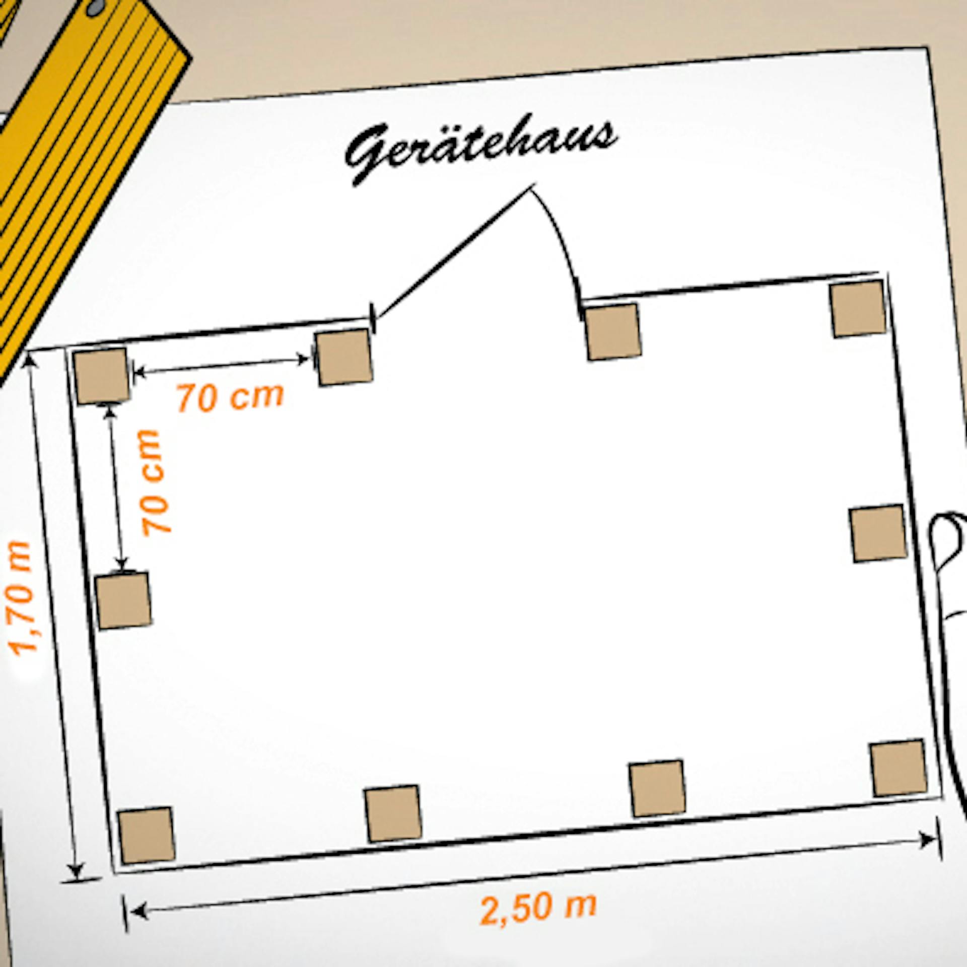 Bauplan für Gerätehaus mit Maßen und Position von Punktfundament