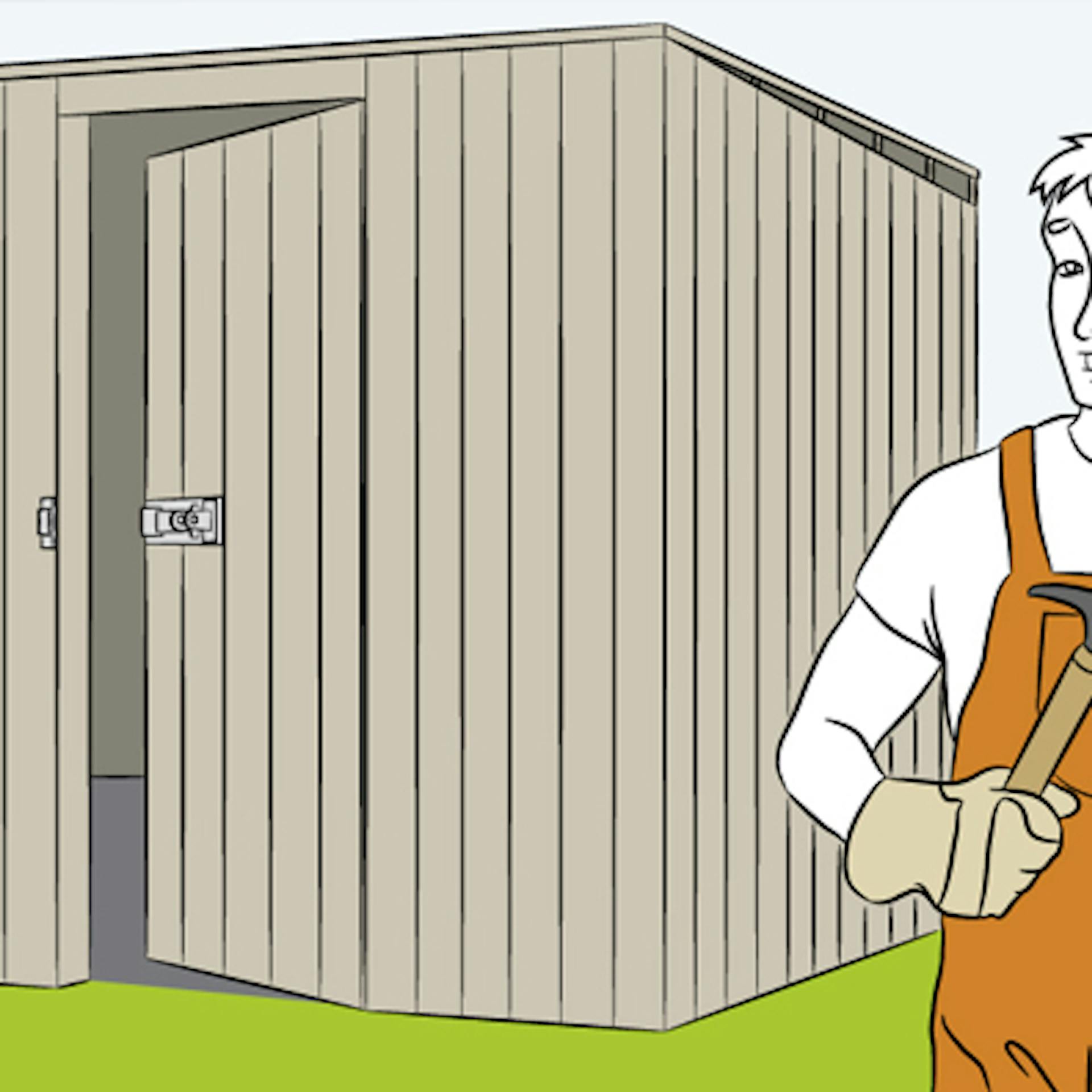 Person mit Hammer steht vor fertigem Geräteschuppen.