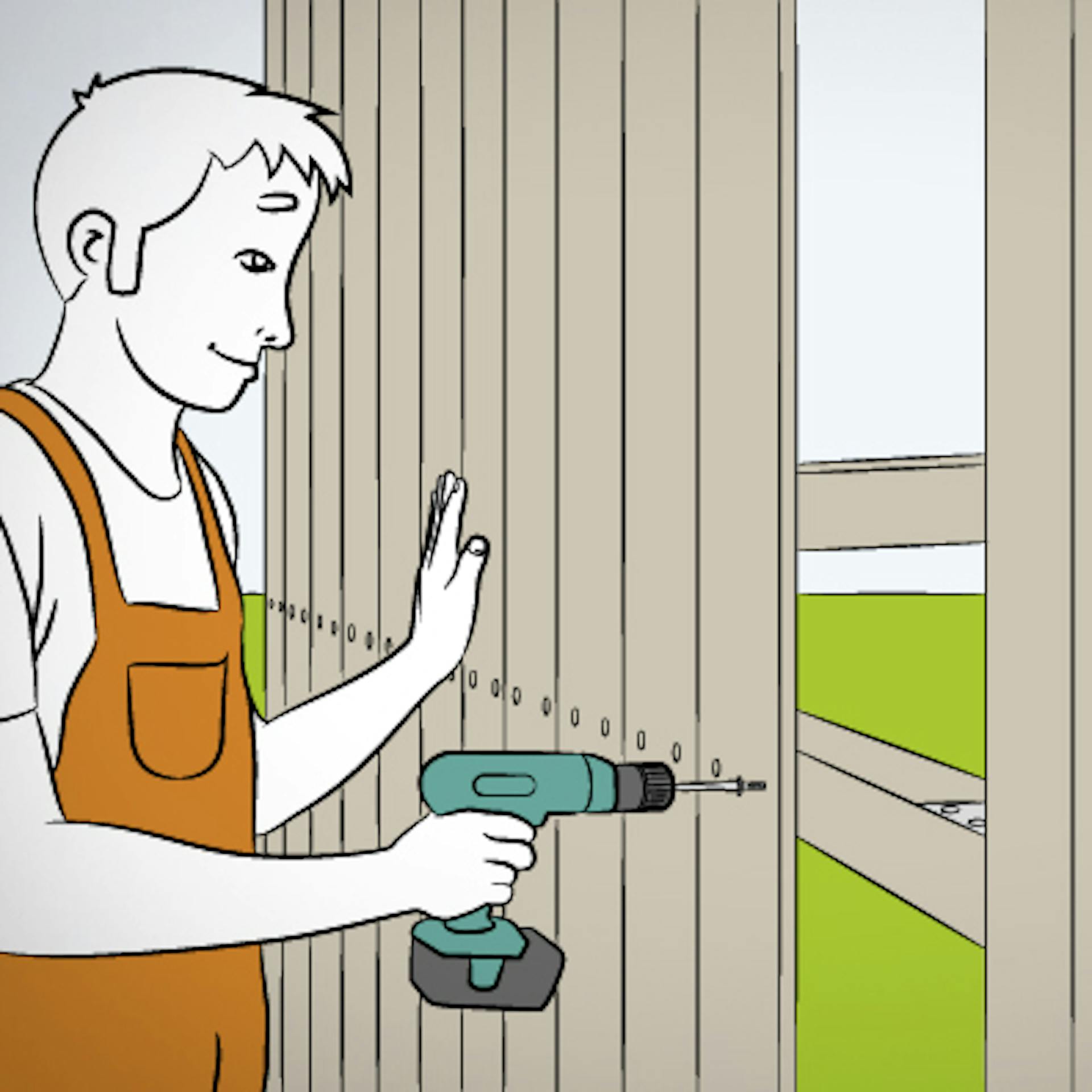 Person schraubt Holzverkleidung für Geräteschuppen mit Akkuschrauber auf Balken.