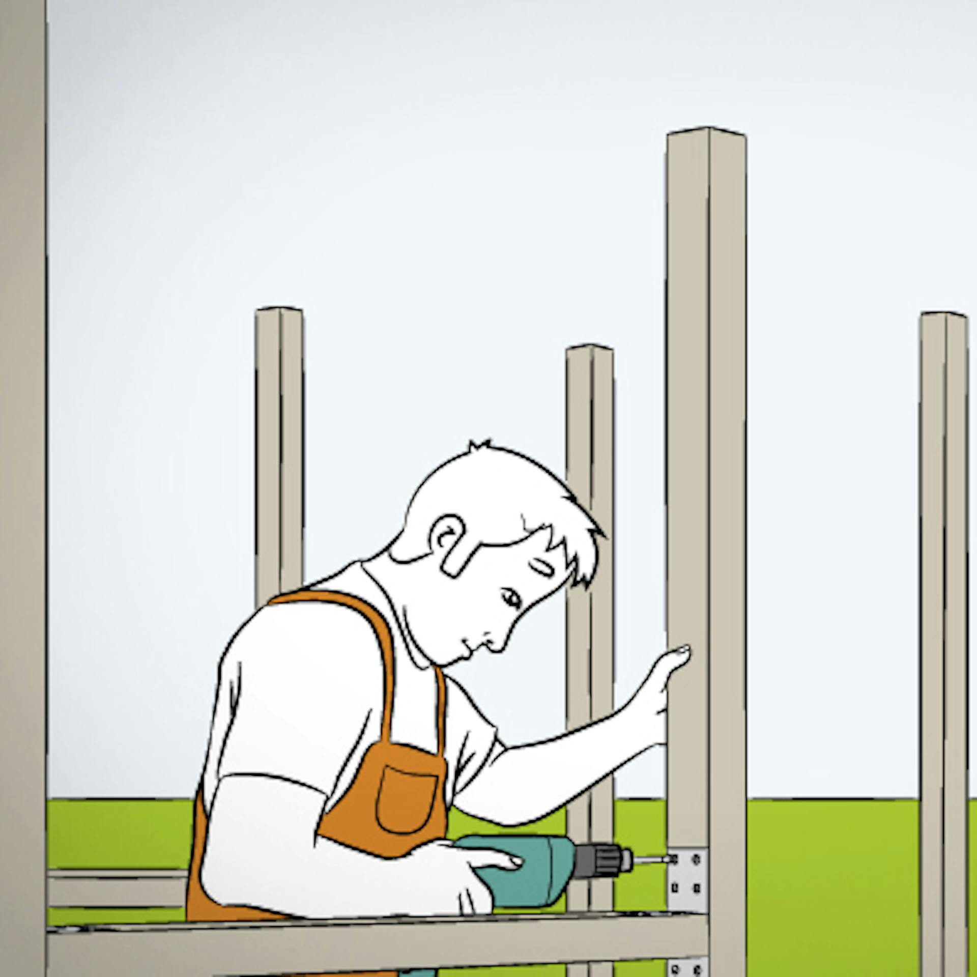 Person schraubt waagerechte Balken mit einem Akkuschrauber auf senkrechte Pfosten.