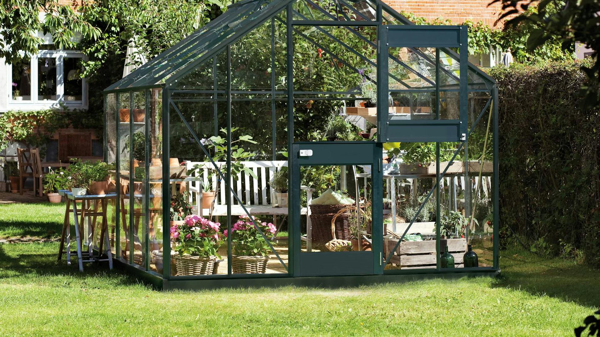 Freistehendes Gewächshaus mit Pflanzen in Garten