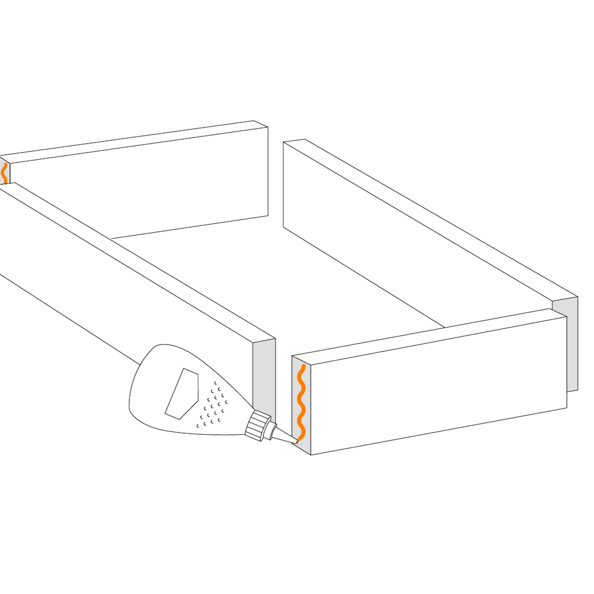 Rahmen eines Mini-Gewächshauses wird geklebt.