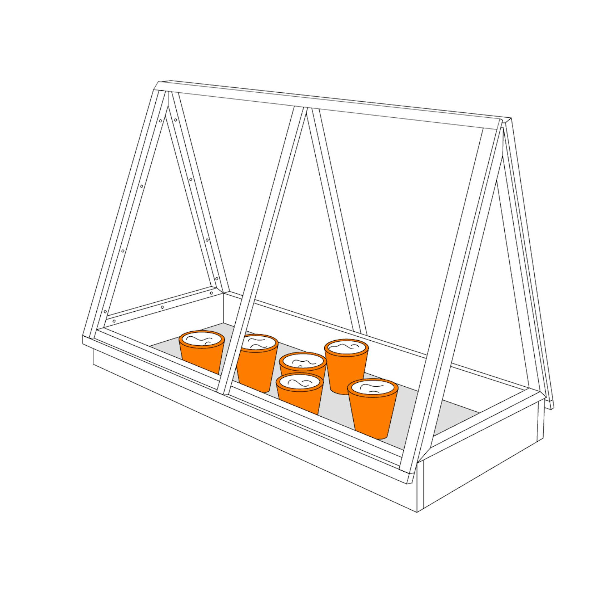 Illustration eines Mini-Gewächshauses mit Anzuchttöpfen