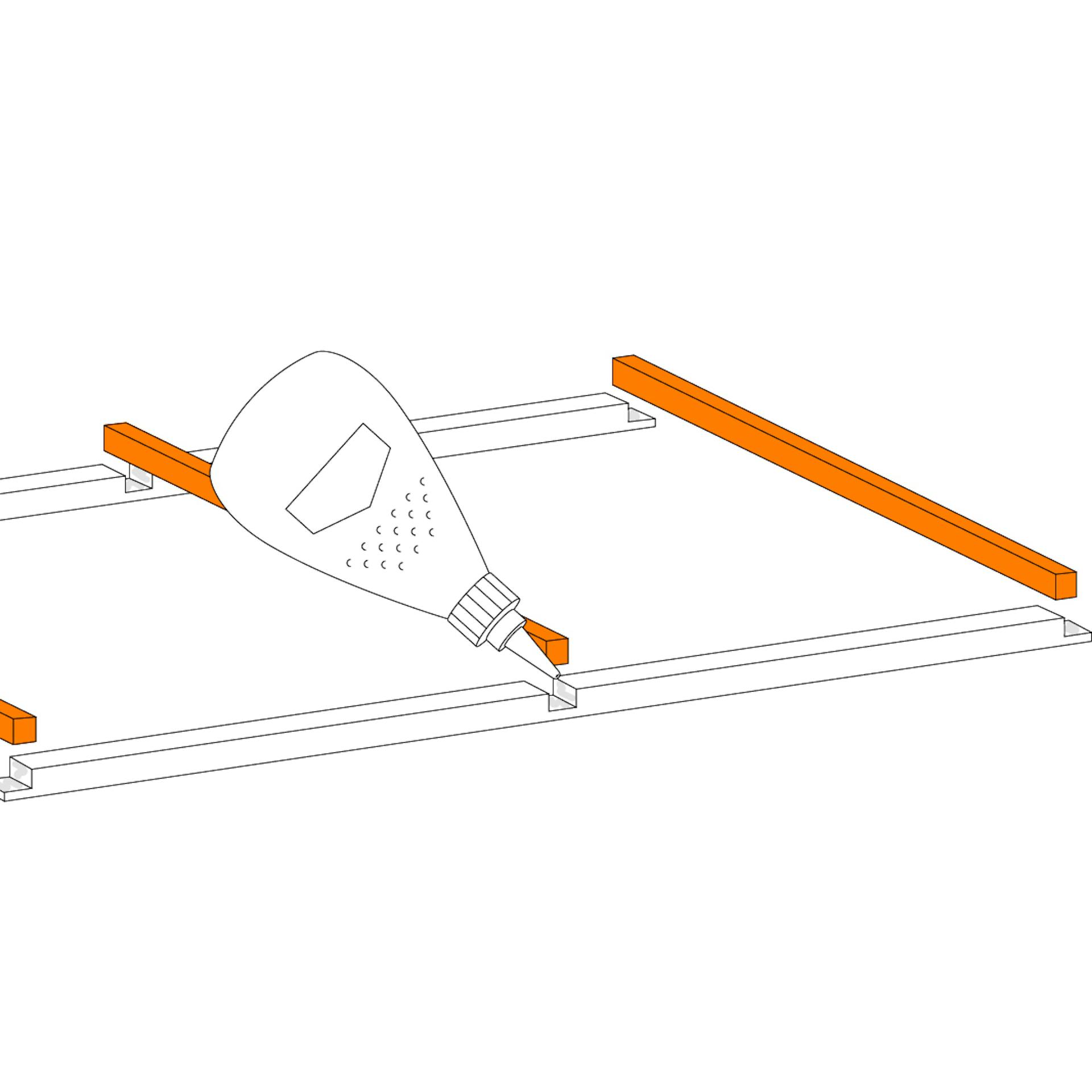 Illustration zeigt das Leimen einer Dachkonstruktion eines Mini-Gewächshauses