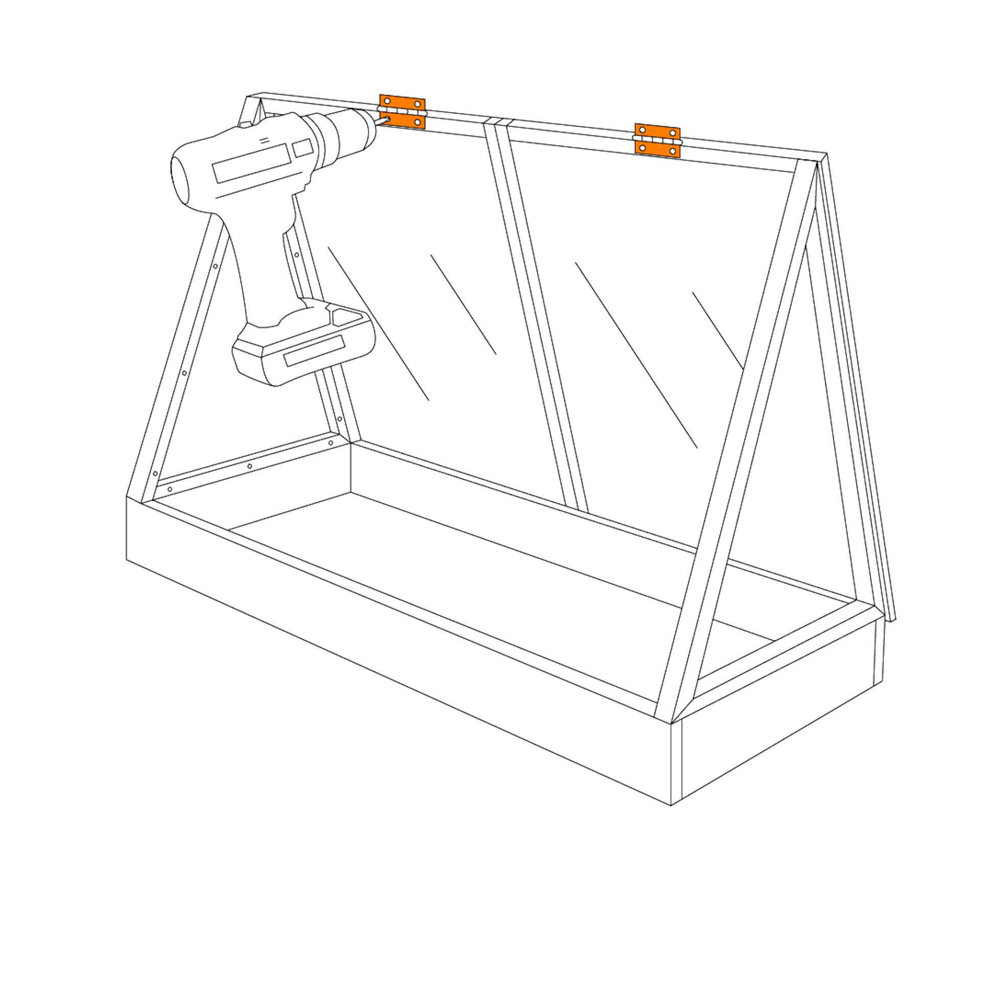 Illustration zeigt die Montage von Scharnieren an einem Mini-Gewächshaus