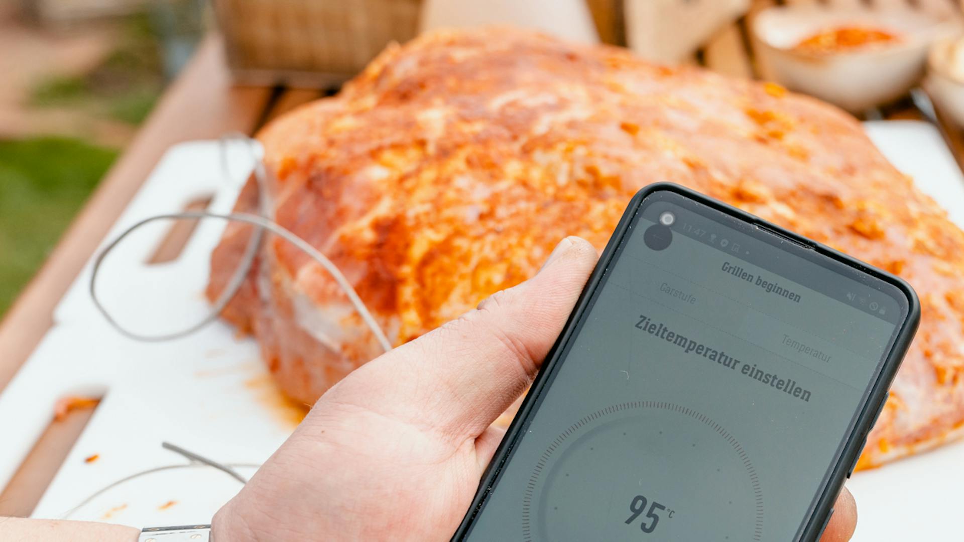 Hand hält ein Handy vor ein Stück Fleisch