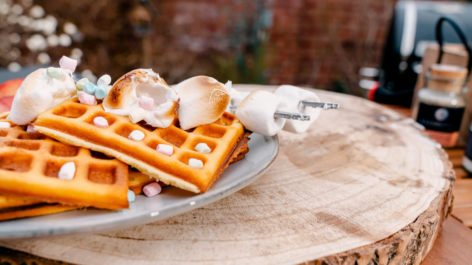 Waffeln vom Grill mit gerösteten Marshmallows
