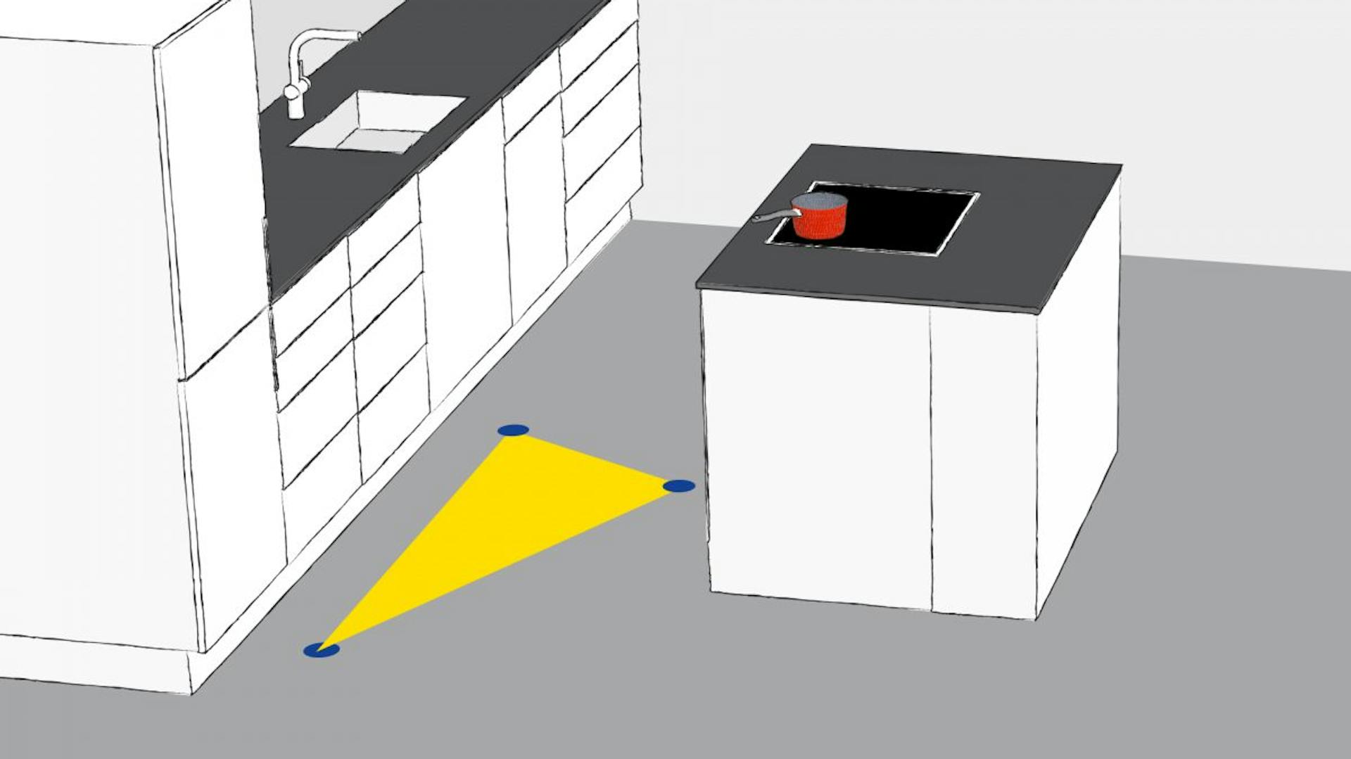 Rajzolt konyha közlekedőfolyosókkal és főzőszigettel