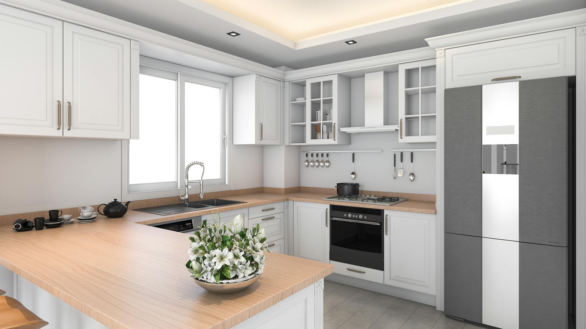 U alakú konyha alapvilágítást biztosító mennyezeti spotlámpákkal