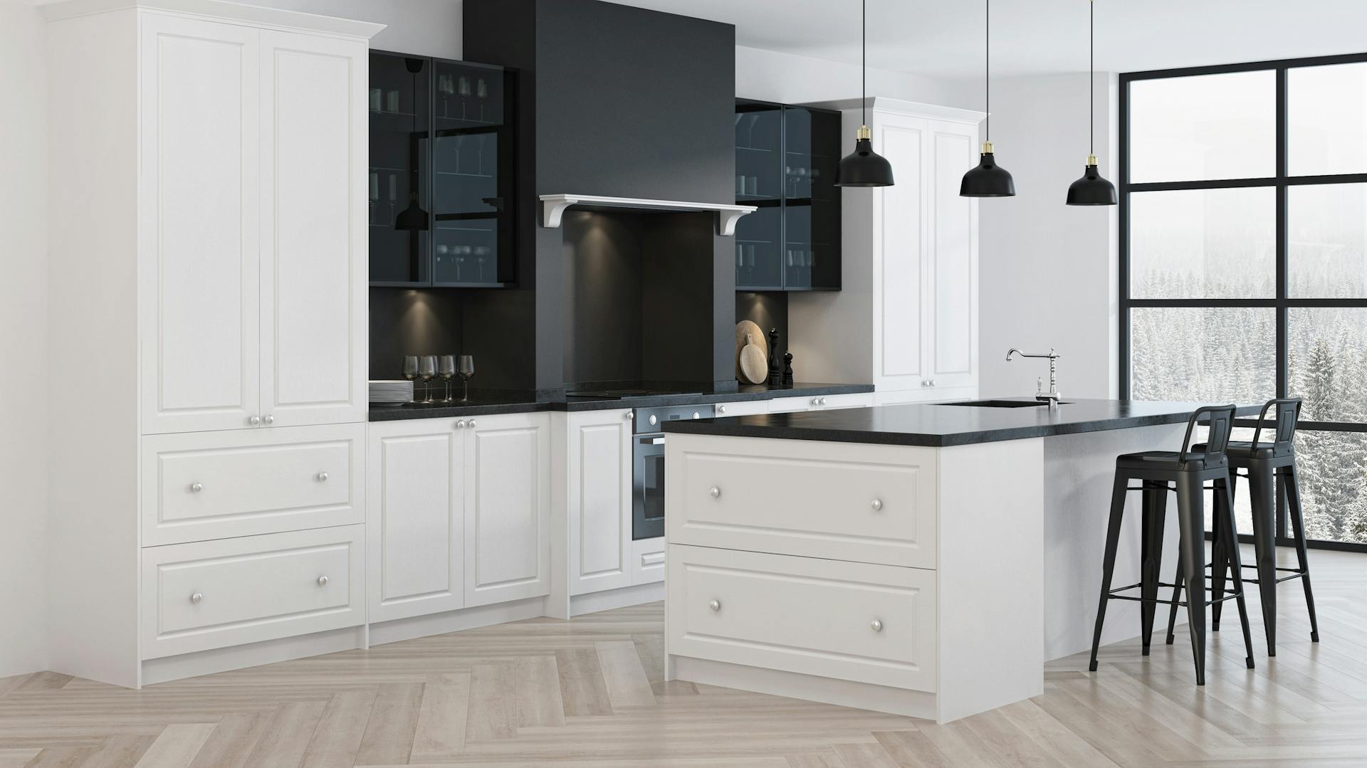 Moderne helle Küche mit schwarzen Elementen und Holzfußboden