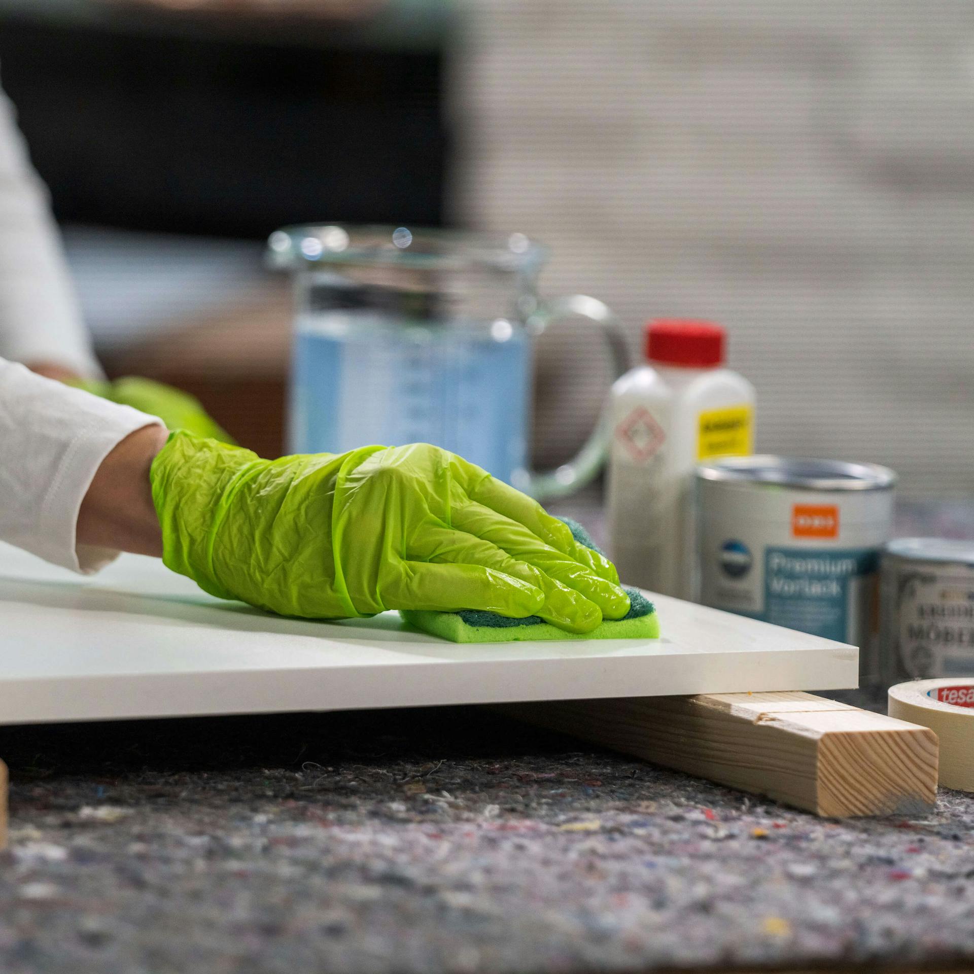 Konyhai front tisztítása lúgos tisztítószerrel és szivaccsal.