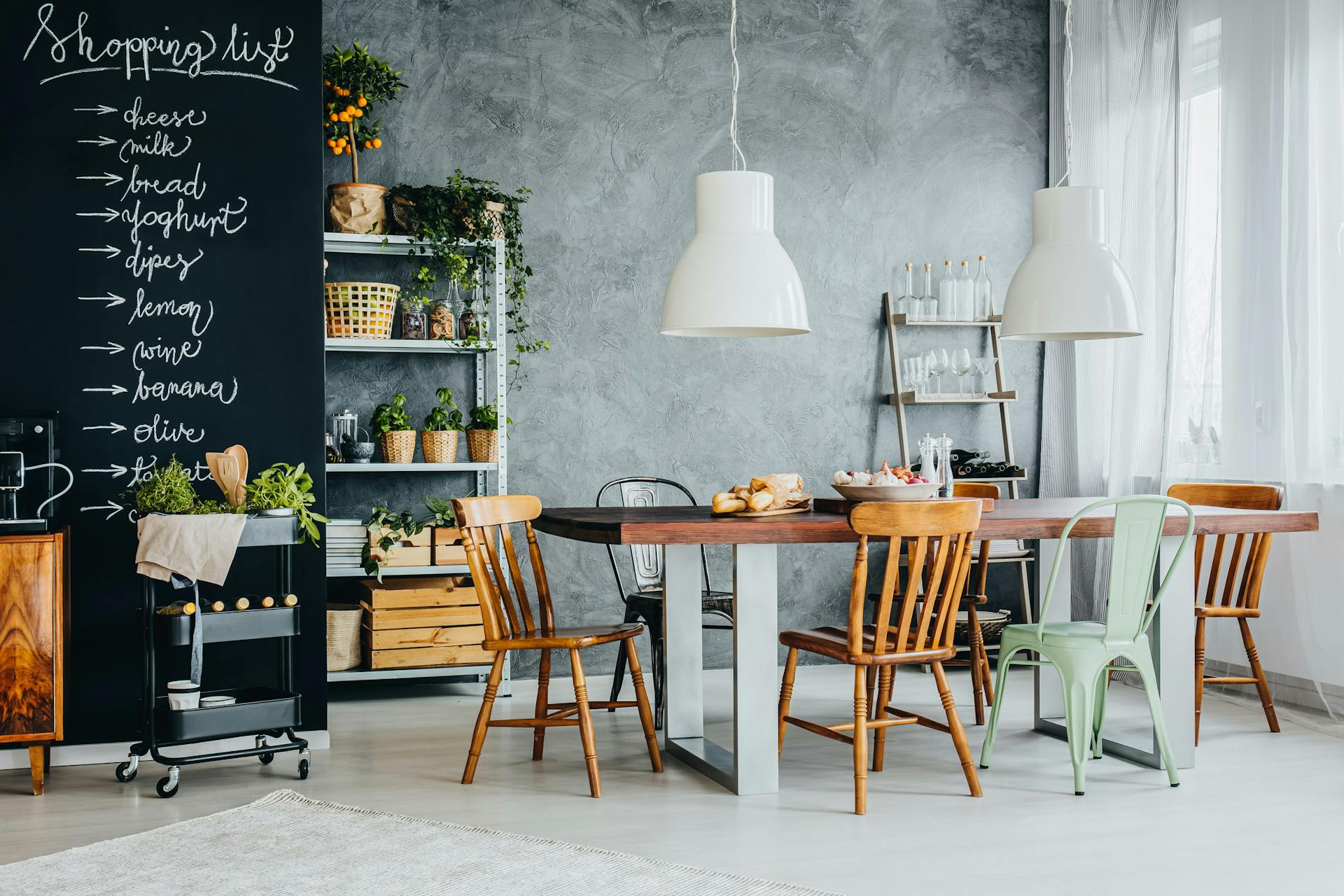 Cucina in stile industriale con grandi paralumi in metallo sopra il tavolo da pranzo