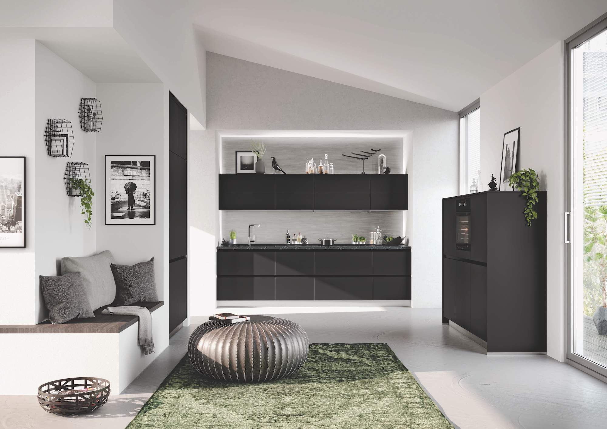 Küche in Wandnische in offenem Wohnzimmer als Teil des Micro Living Trends