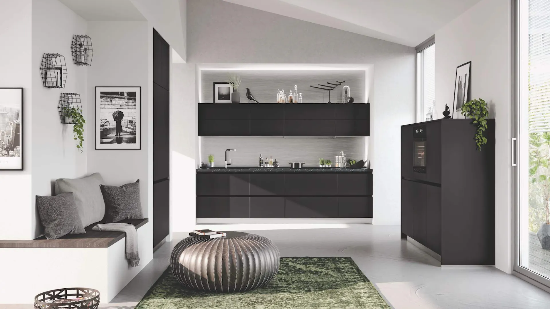 Küche in Wandnische in offenem Wohnzimmer als Teil des Micro Living Trends
