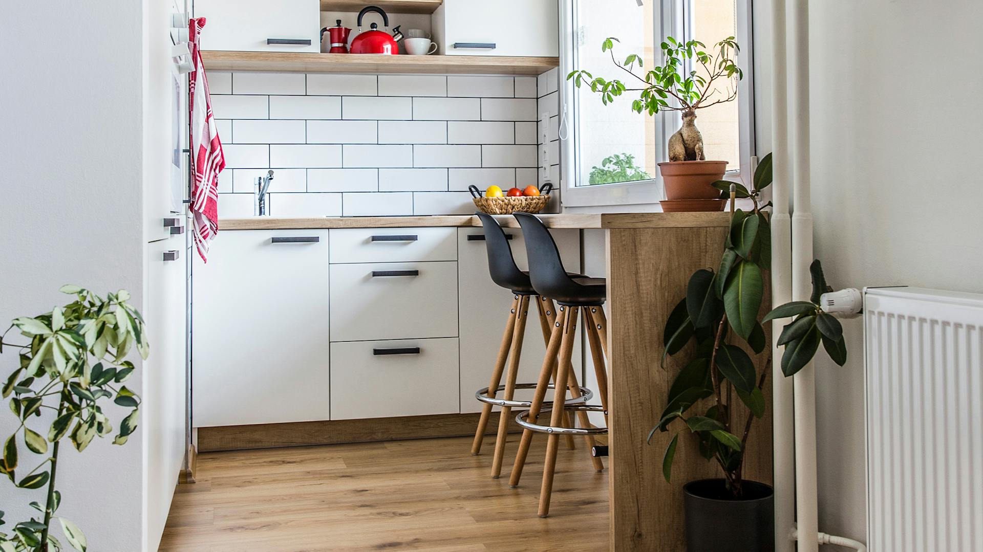 Schmale weiße Küche mit Barhockern an der Seitenwand, davor ein roter Teppich.