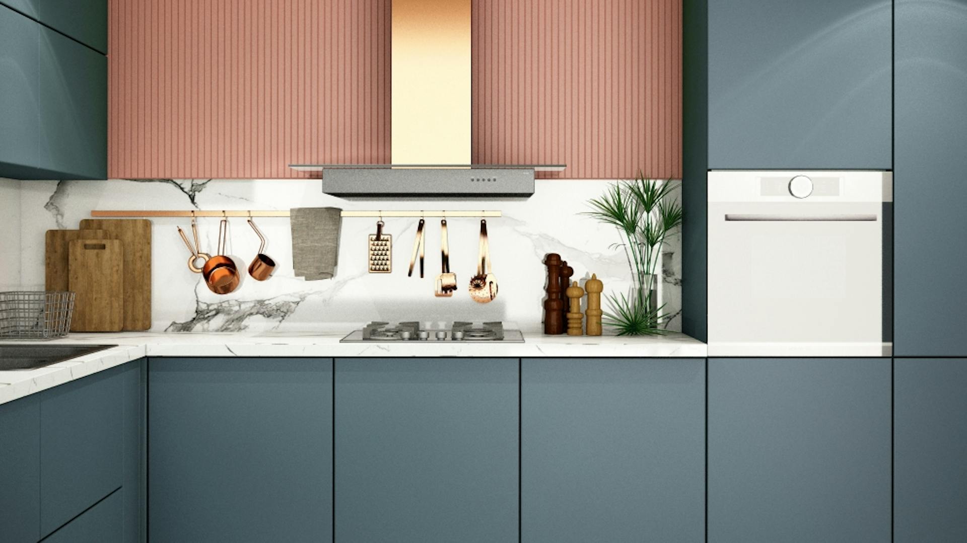 Küche in Blau und Rosa mit goldenen Akzenten