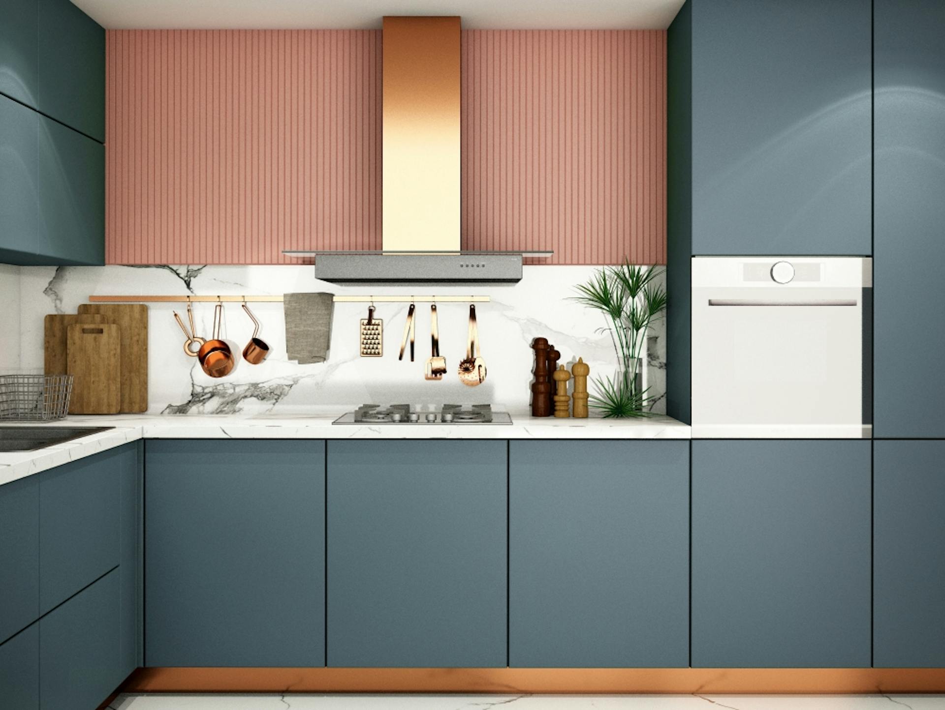 Moderne grau-blaue Küche in L-Form mit bronzefarbenen sowie altrosa Akzenten. Boden und Küchenrückwand sind in weiß-schwarzer Marmoroptik.