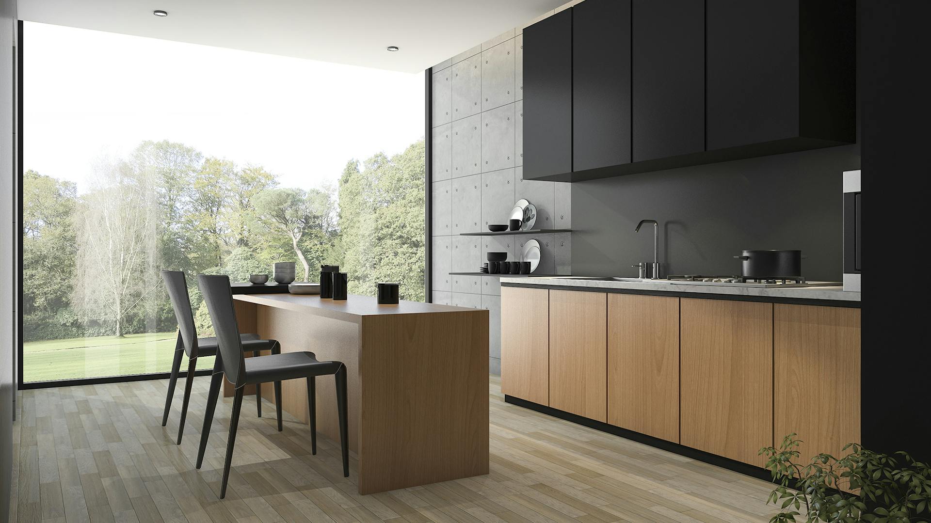 Moderne Küche mit schwarzen und hölzernen Fronten. In der Mitte steht eine Kücheninsel mit zwei Stühlen.