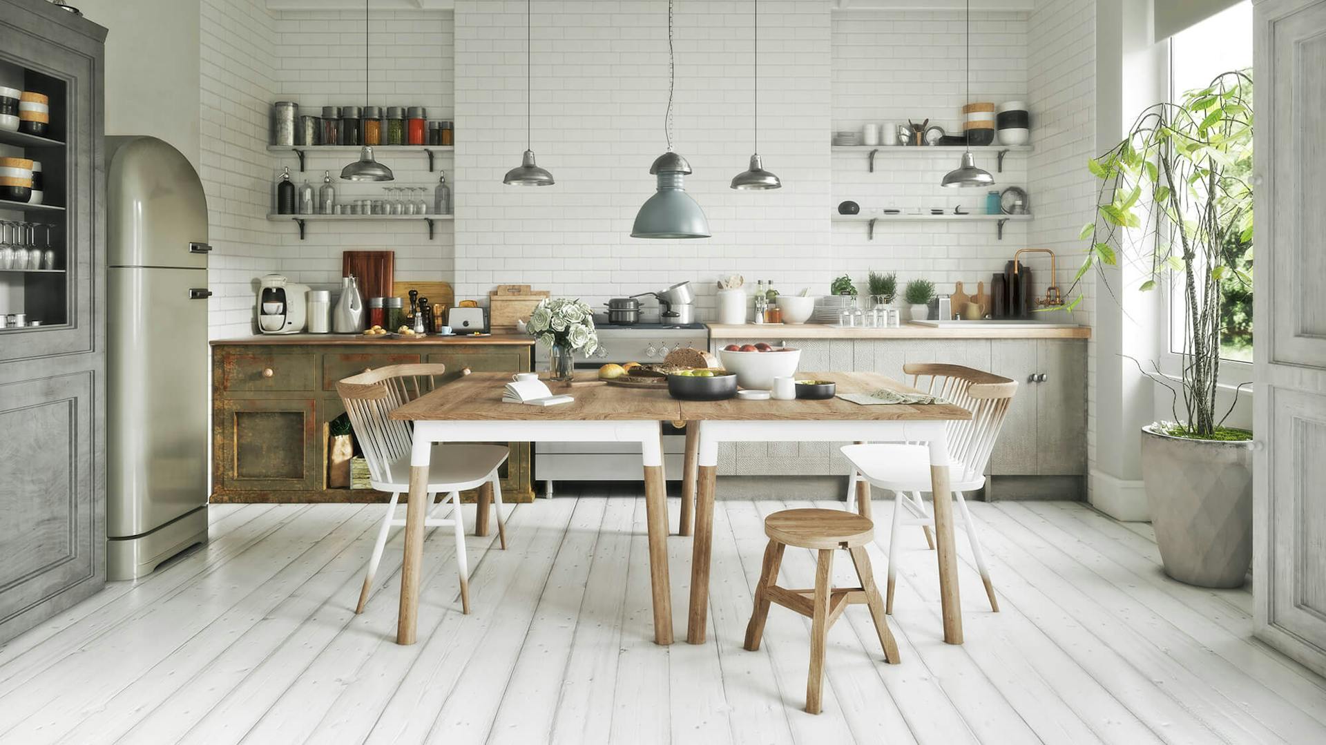 Auf dem Bild ist eine Küche im Shabby Chic Stil zu sehen.