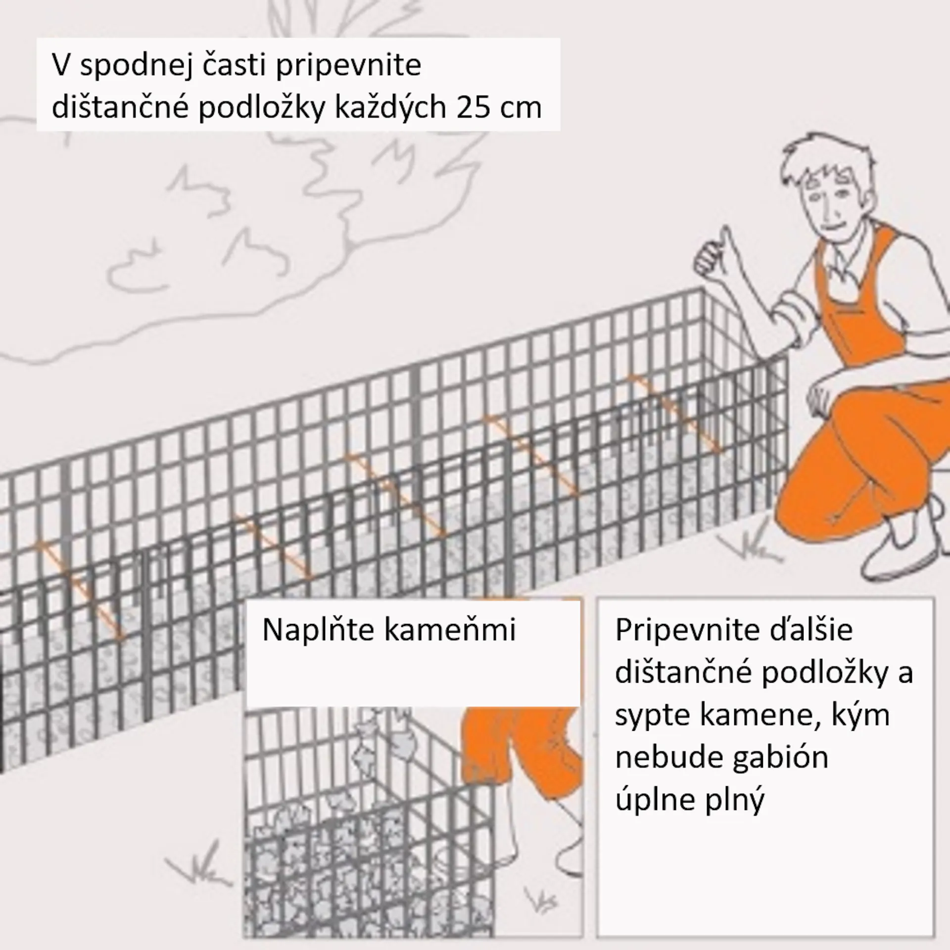 Informácia o naplnení lámaného kameňa a pripevnení dištančných držiakov