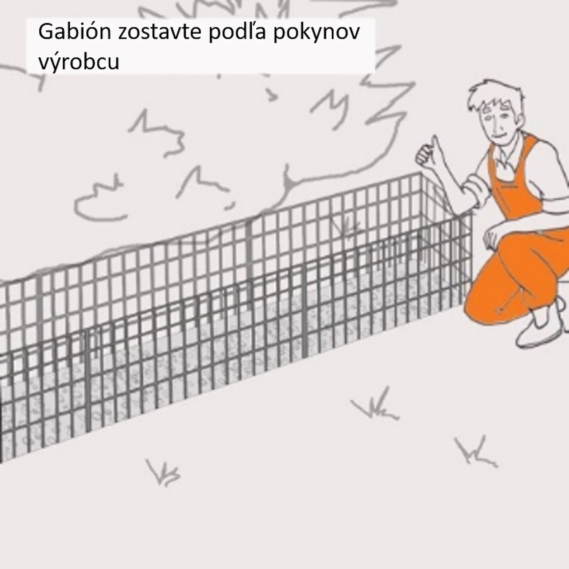 Pracovník kľačí vedľa postavených gabionových košov