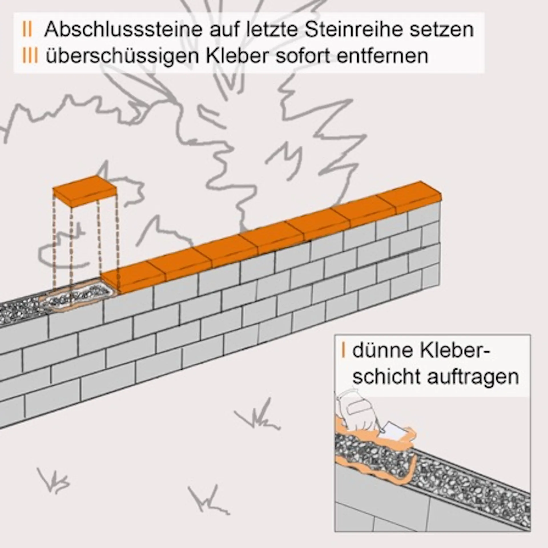 Abschlusssteine werden auf Hohlblockstein-Mauer gesetzt.
