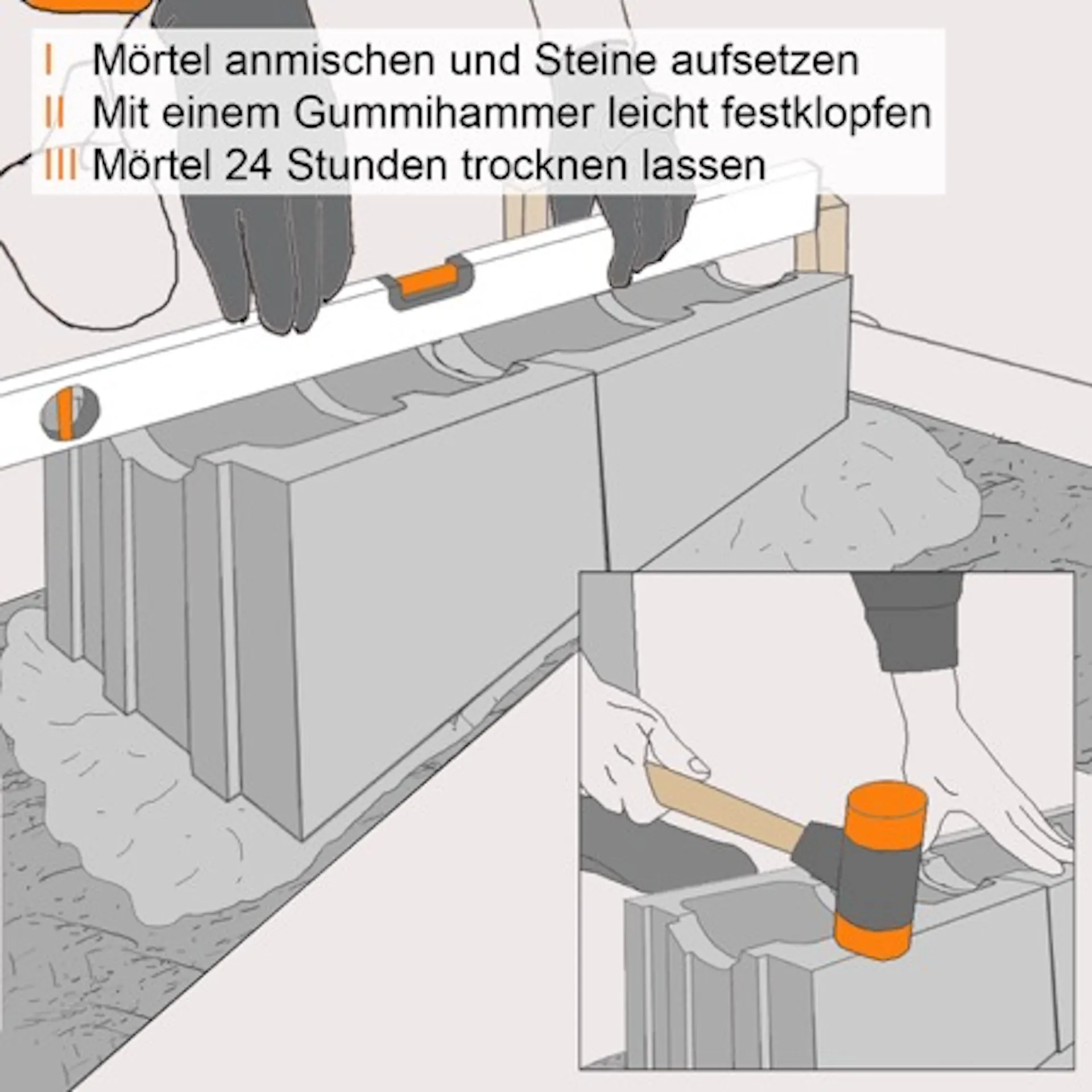 Erste Steinreihe für Hohlblockstein-Mauer wird gesetzt.