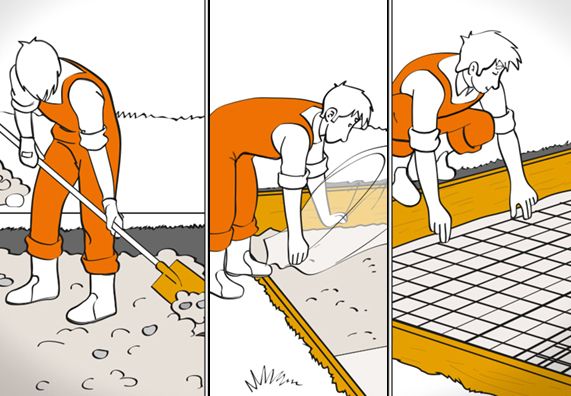 Heimwerker füllt Kies-Schicht in Untergrund ein, verlegt Plane und Bewehrung für ein Fundament.